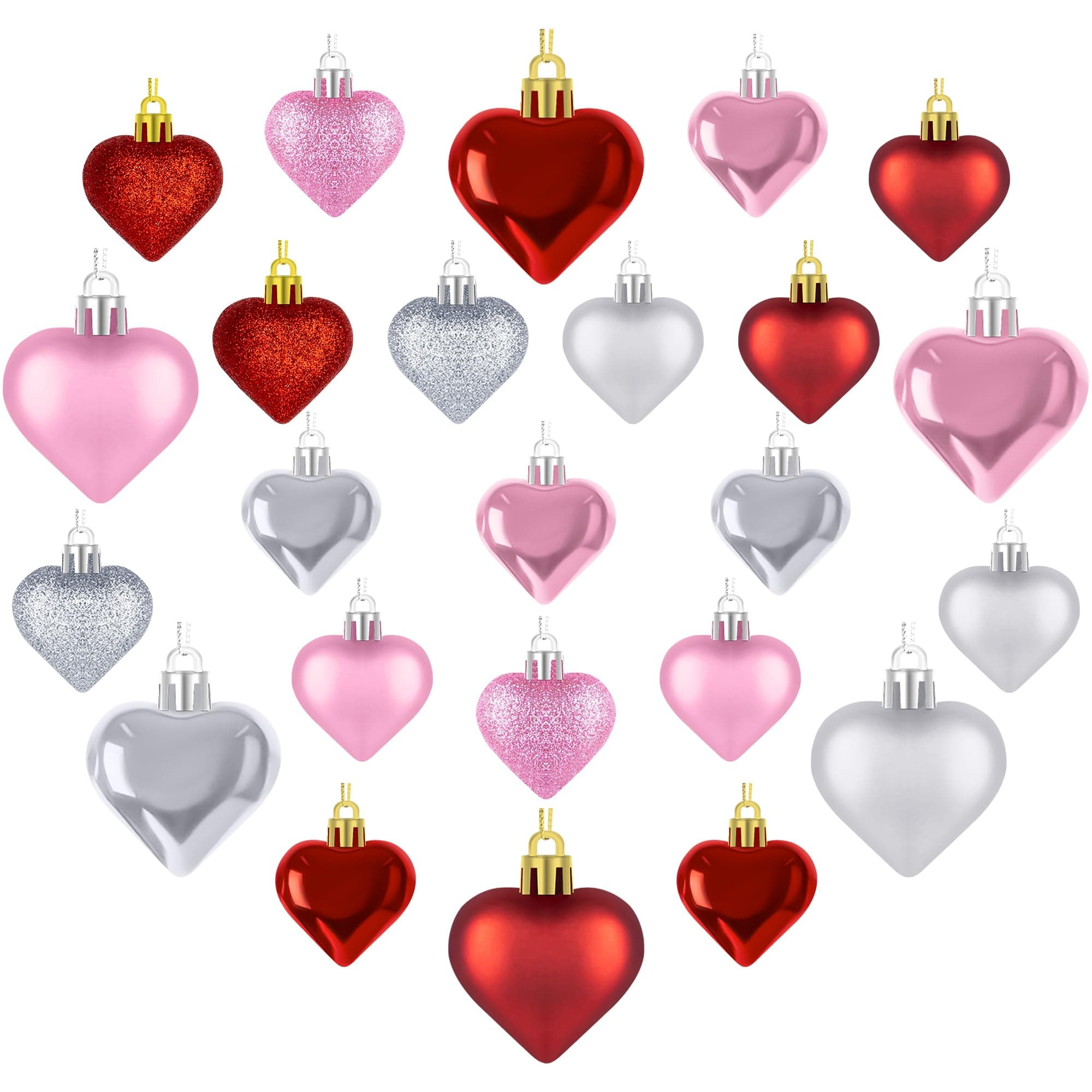Melisheer 24pcs Valentines Day Heart Ornaments, Classic Red Pink Silver Shaped Hanging Baubles with 2 Sizes, Valentine's Decorations for Tree, Love Decor Outdoor Wedding Party Gift