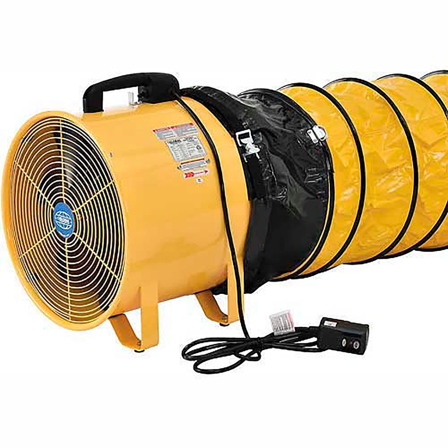 Global Industrial 16" Portable Ventilation Fan With 32'L Flexible Ducting, Confined Space Blower Fan, 2 Speed, 2850 CFM, 1 HP, 120V, High Visibility Yellow