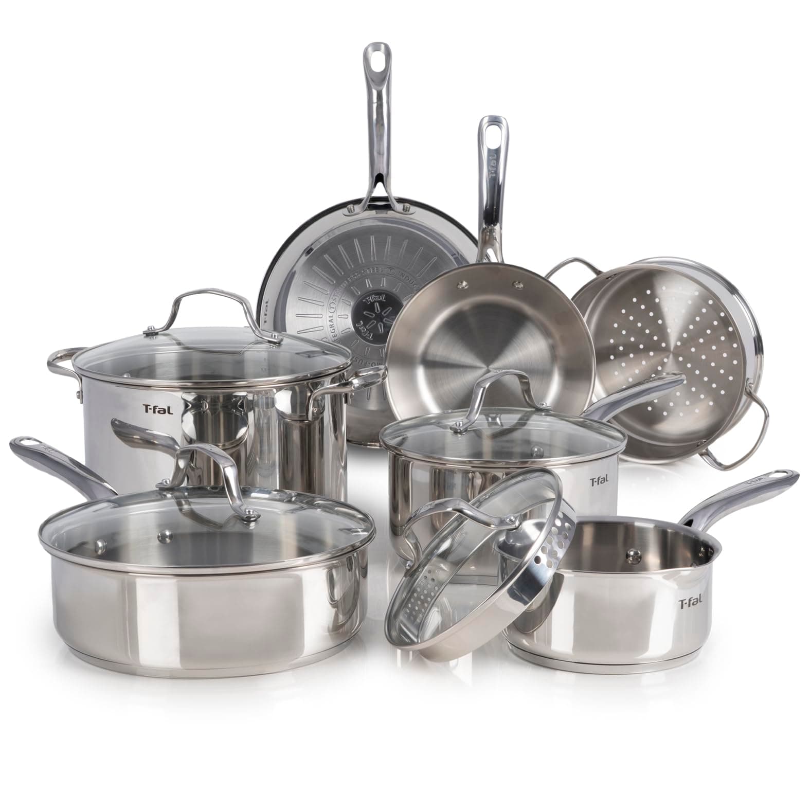 T-fal Stainless Steel Cookware Set 11 Piece, Induction, Oven Broiler Safe 500F, Kitchen Cooking Set w/ Fry Pans, Saucepans, Saute Pan, Dutch Oven, Steamer, Pots and Pans, Dishwasher Safe, Silver
