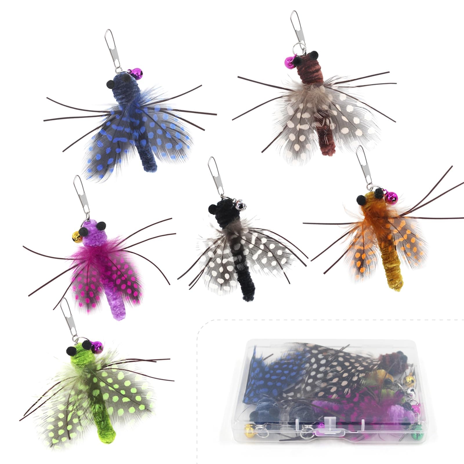 SONGWAY 6 Pieces Insect Cat Toys with Feather, Cat Toy Wand Attachments
