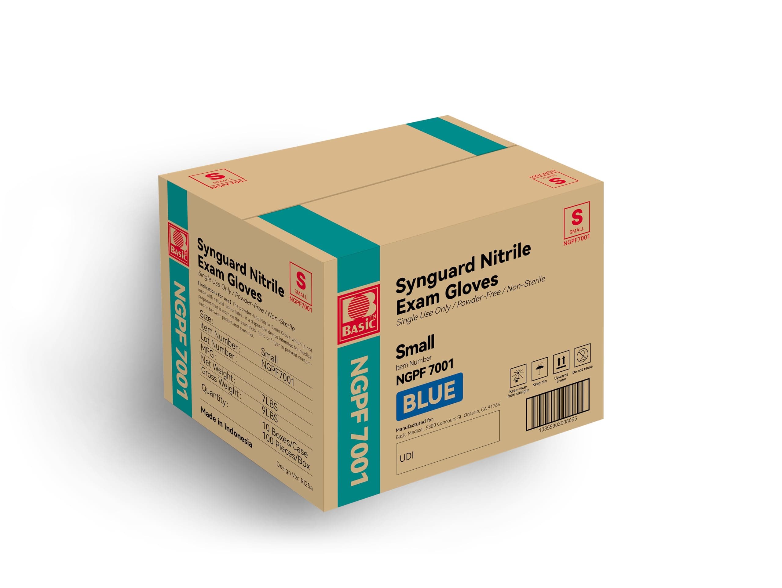 Basic Medical Blue Nitrile Exam Gloves - Latex-Free & Powder-Free - NGPF 7001(Case of 1,000), Small