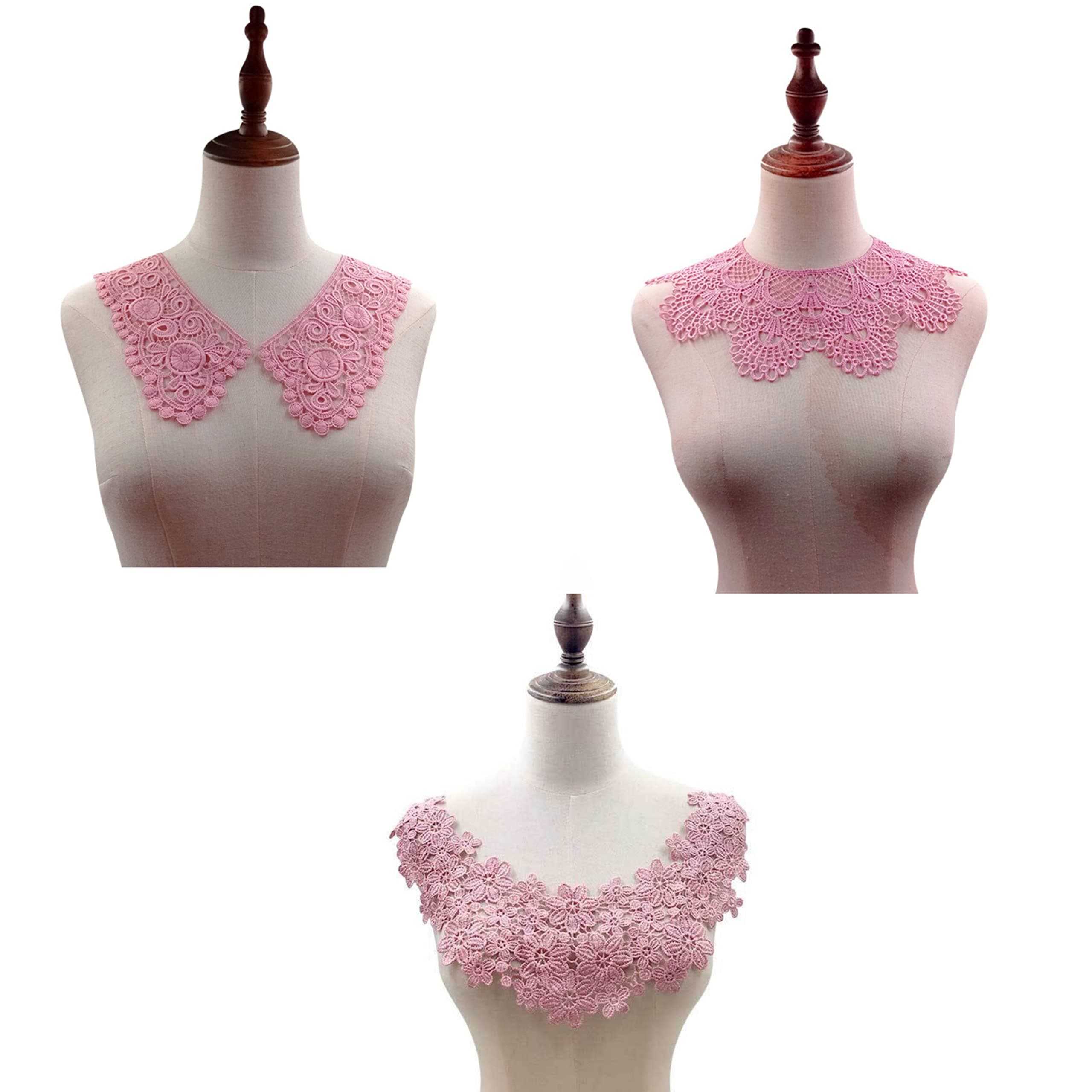 Fabric Flower Applique Embroidery Collar Lace Flowers Neckline Patches Applique Trim Lace Sewing on Patch DIY Wedding Dress Decor 3 Pcs (Pink), Ivory,Gold,Pink,Silver