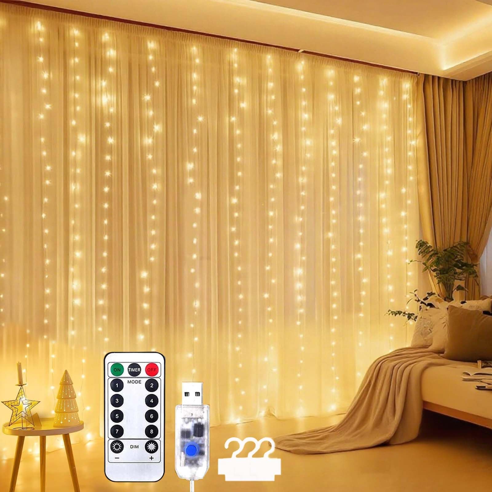 Qniceone 300 LEDS Curtain Fairy String Lights, 9.8FT Party Twinkle Lights Decorations, Outdoor Led Light String with Remote 8 Modes for Wedding Home Garden Bedroom Wall Decorations, Warm White