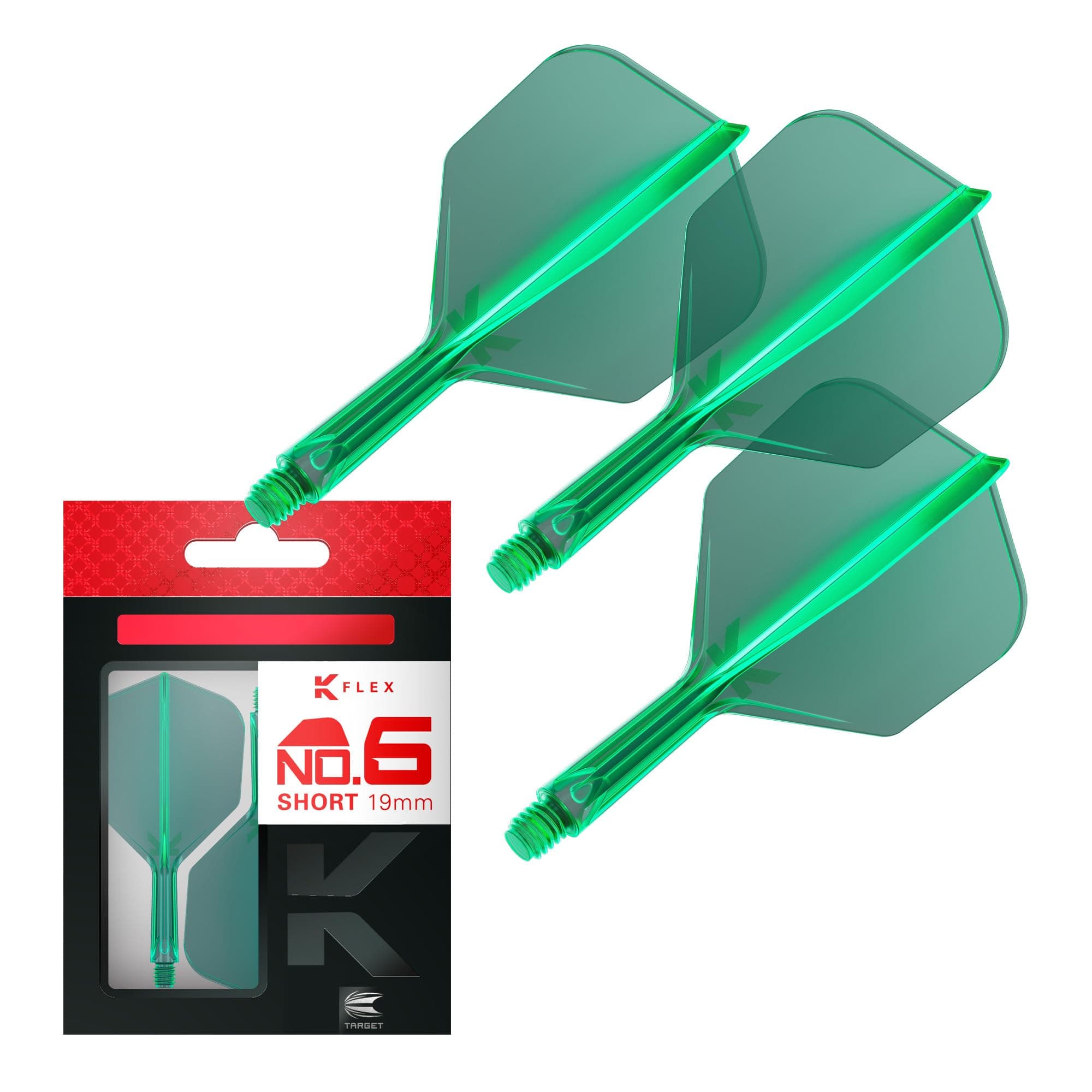 K-Flex Integrated Flights and Shafts, Green, Short Stem (19mm), No.6 Flight, Set of 3 Stems