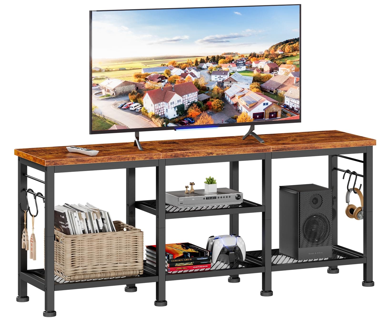 Furologee TV Stand for TVs up to 55 Inch, Entertainment Center with Open Storage Shelves, Media Console Table with Soundbar Shelf for Living Room, Bedroom, Rustic Brown
