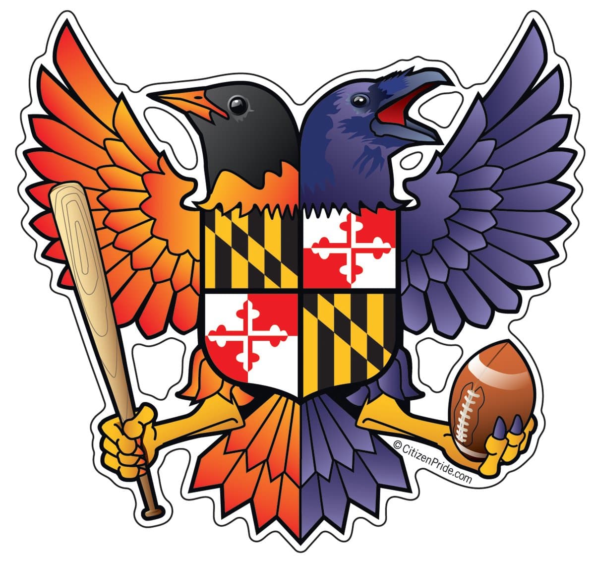 Birdland Baltimore Raven and Oriole Maryland Crest 4.85x4.75 inches Sticker Decal die Cut Vinyl - Made in USA