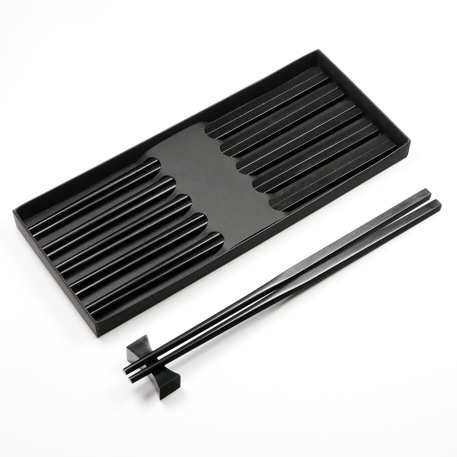 5 Pairs Natural Ebony Wood African Blackwood Chopsticks Reusable with Polished High Gloss Finish - Square Handles - In Classic Chinese or Japanese Style - Box Set Gift Wrap Available New Year Gift