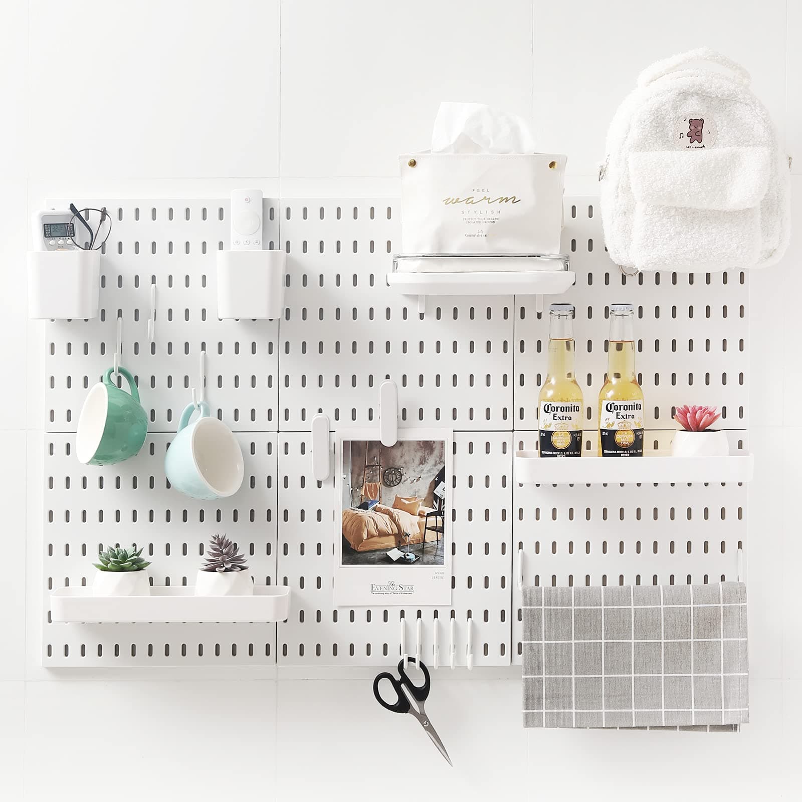 JoyBHole33"x22" Pegboard Combination Kit and 18 Accessories(Shelf Storagebox Hook Brackets Clips) No Punching for Garage Kitchen Living Room Bathroom office,Pegboard Wall Organizer (White, 6)