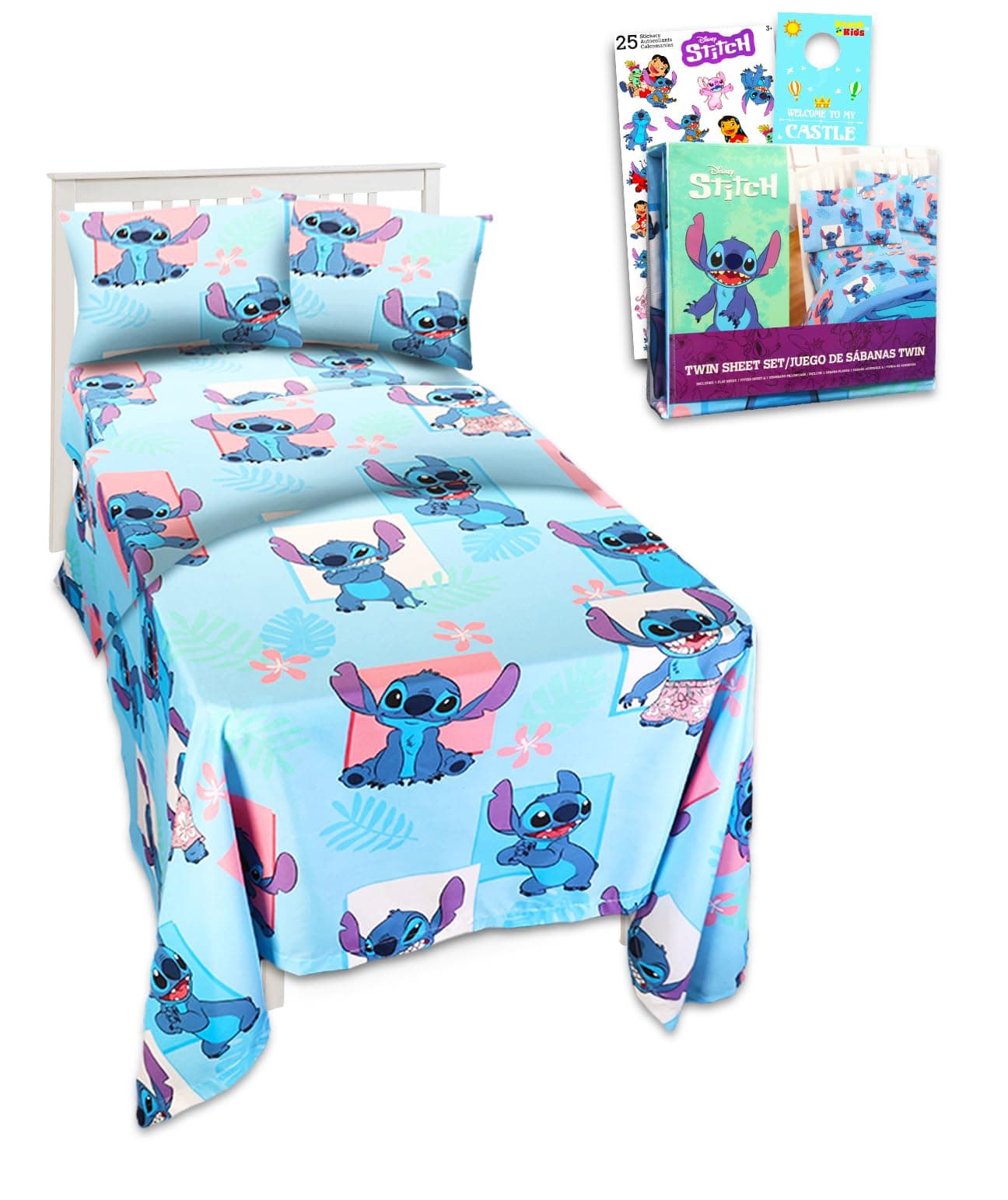 Stitch Twin Size Bedding Set for Toddlers - Lilo and Stitch Twin Bedding Bundle Includes Stitch Sheets with Flat Sheet, Fitted Sheet, and Pillowcase for Twin Bed Plus Stickers | Stitch Bedroom Decor