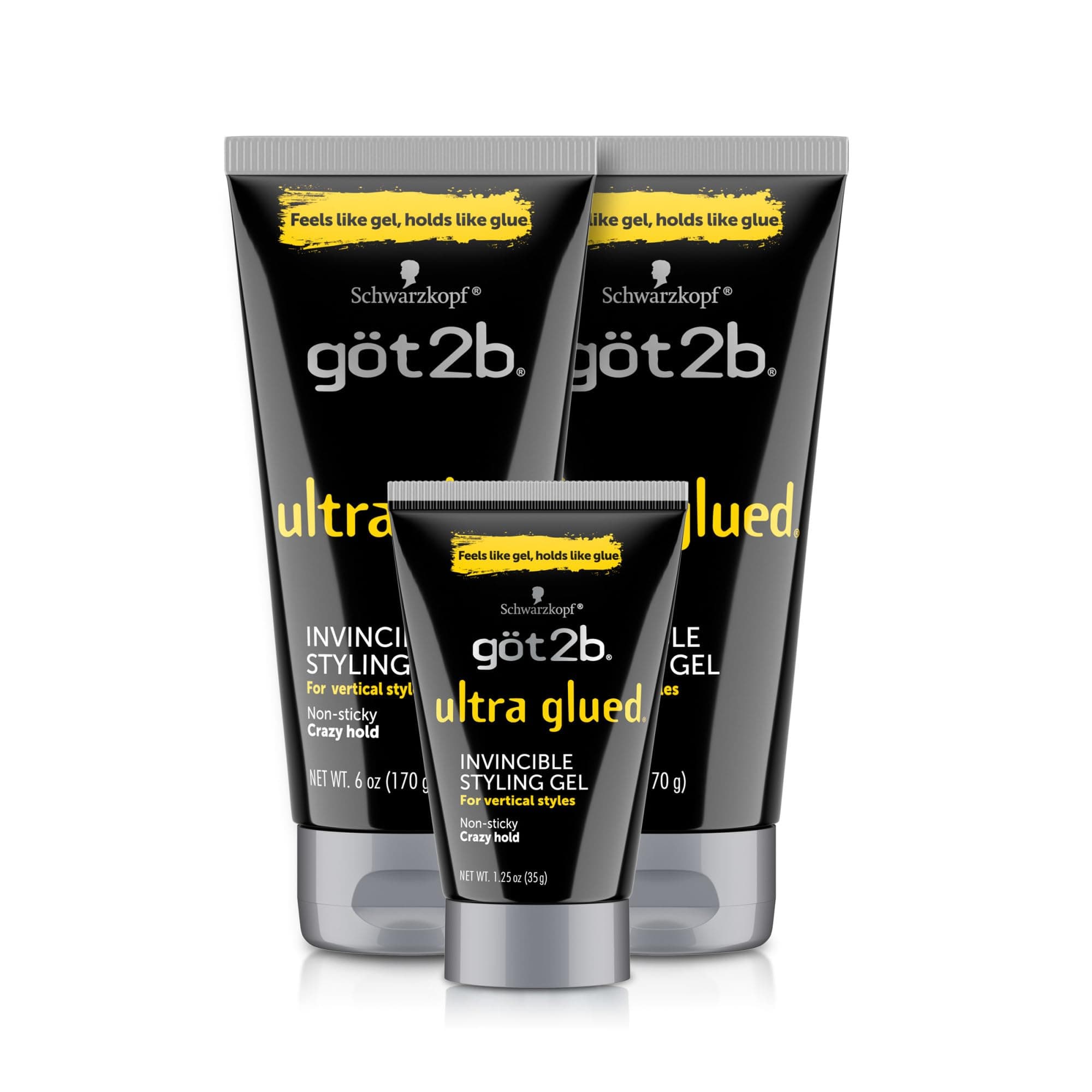 Ultra Glued Invincible Styling Gel Set, 6 Fl Oz (2-Tube) + 1.25 Fl Oz Travel Size, Hair Gel for Men and Women with Extra Strong Hold, Non-Sticky, No-Flake Formula for Vertical Styles