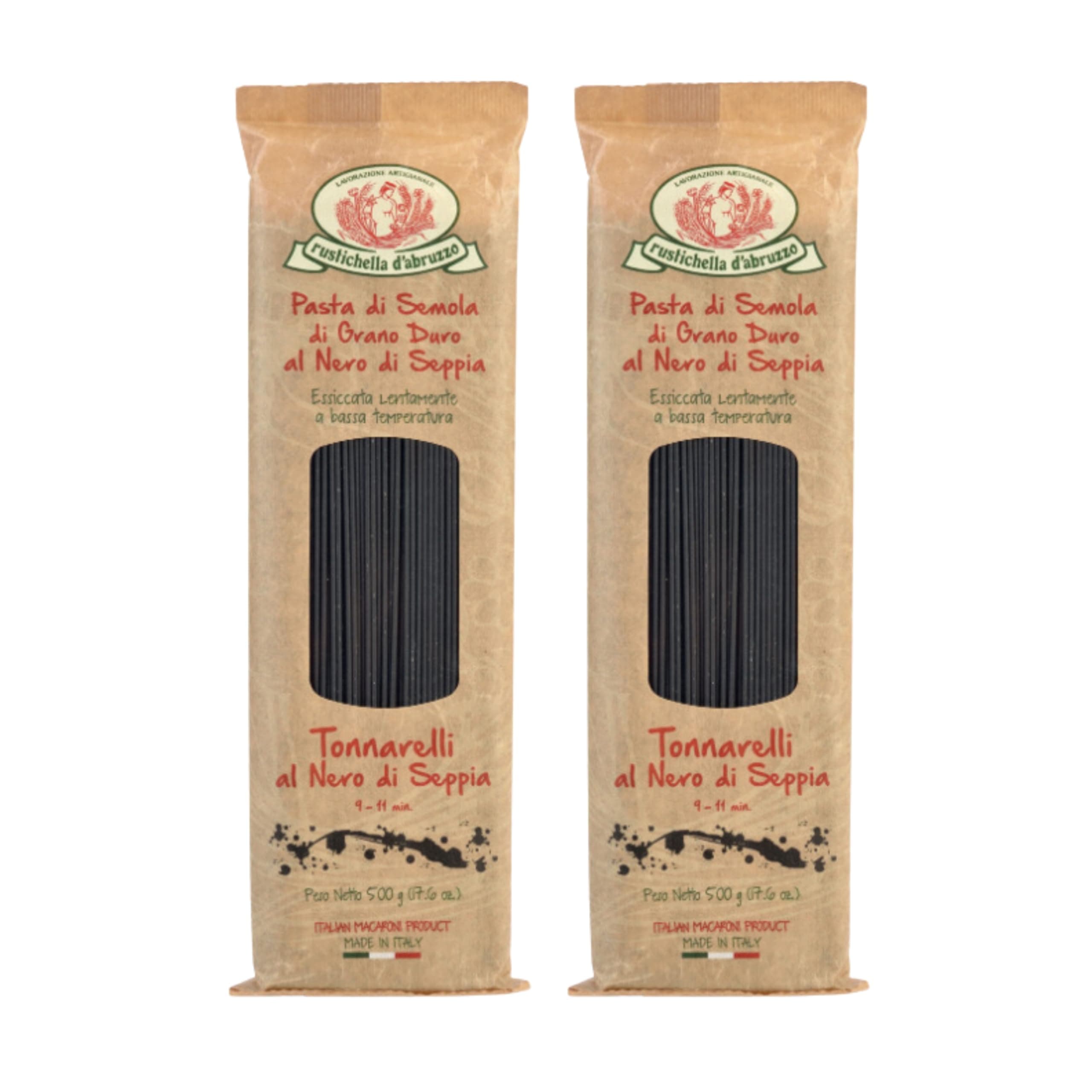Tonnarelli with Squid Ink, Long Italian Pasta with Cuttlefish, Ideal for Shellfish, Spicy Fish Sauce & Olive Oil Dishes, Authentic Flavored from Abruzzo Italy, 500g, 2-Pack