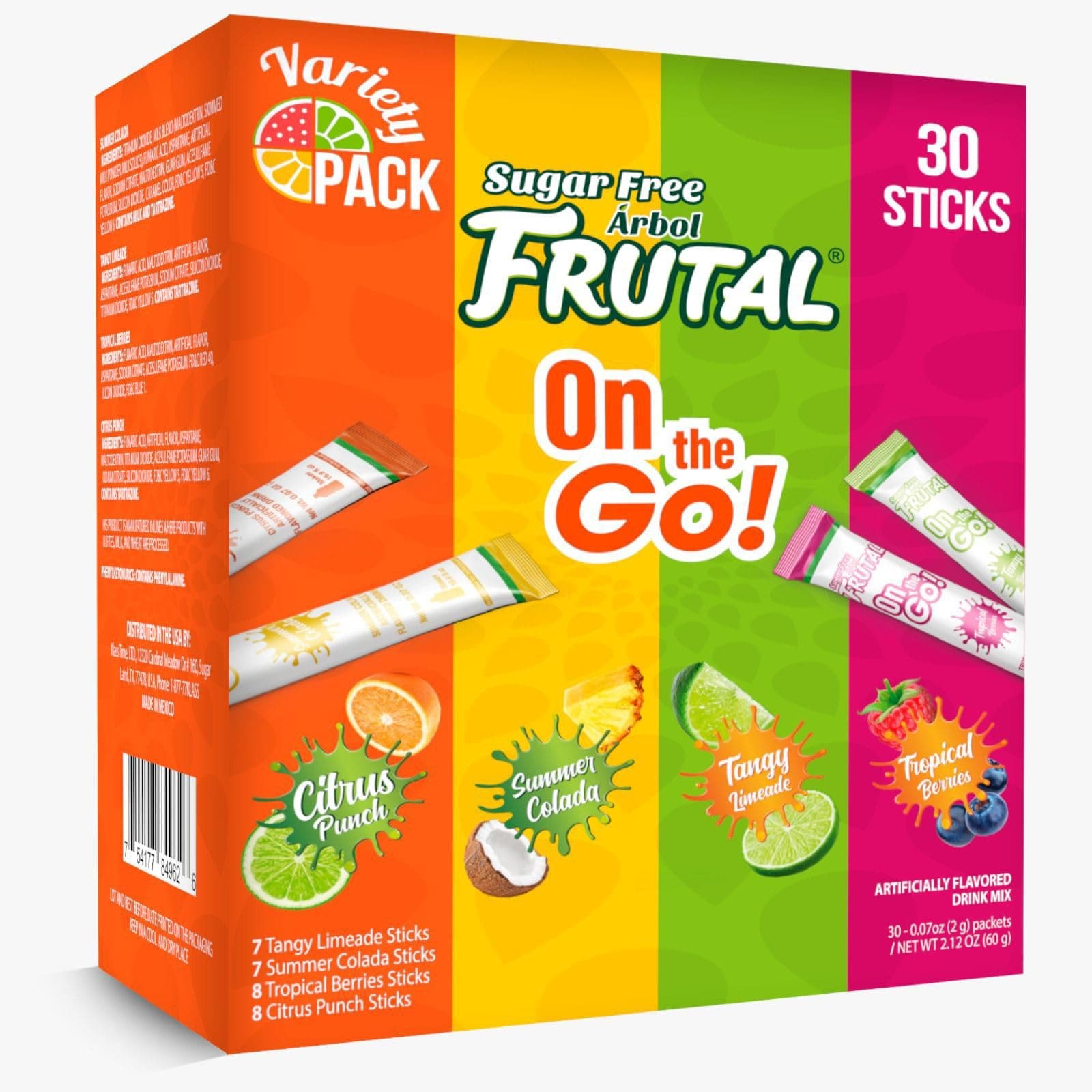 Powdered Drink Mix Variety Pack, Sugar Free! – Fruity flavors - Summer Colada, Tangy Limeade, Citrus Punch & Tropical Berries Packets (30 Count of Stick Packs) - Frutal On-The-Go!