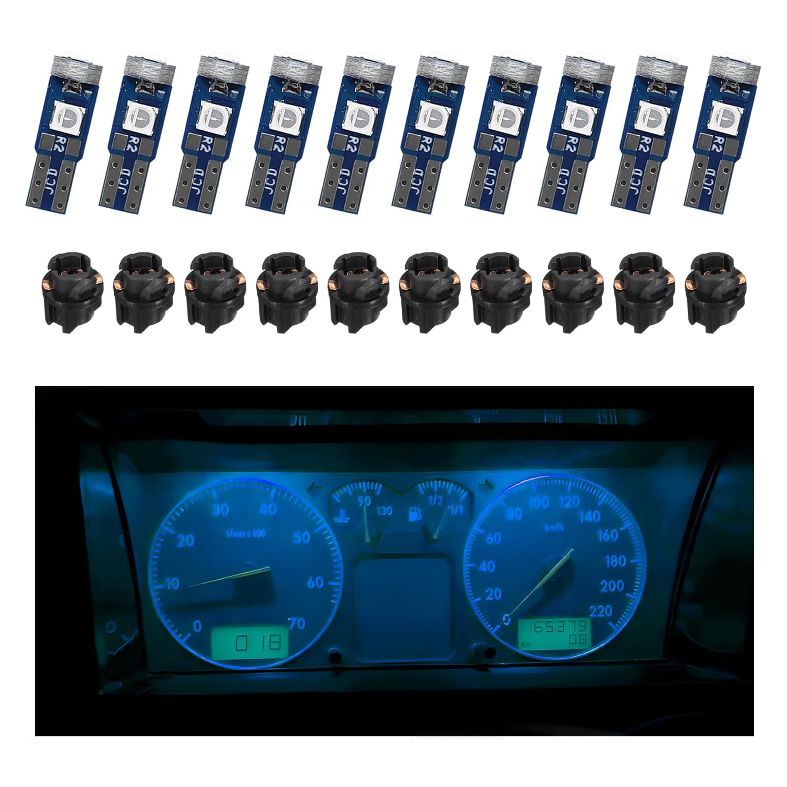 10PCS T5 LED Lights for Car Dashboard, Super Bright 3030-3SMD Auto Bulb with Twist Lock Socket, Interior Instrument Panel Gauge Indicator Replacement, Car Accessories (Ice Blue)