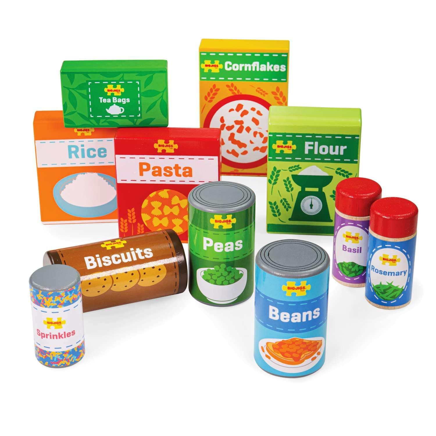 Bigjigs Toys Wooden Cupboard Groceries | Pretend Play Food for Kitchen Set | Supermarket Shopping Accessories | Montessori Educational Tool for Toddlers | Kids Gifts for 3+ Year Old Children