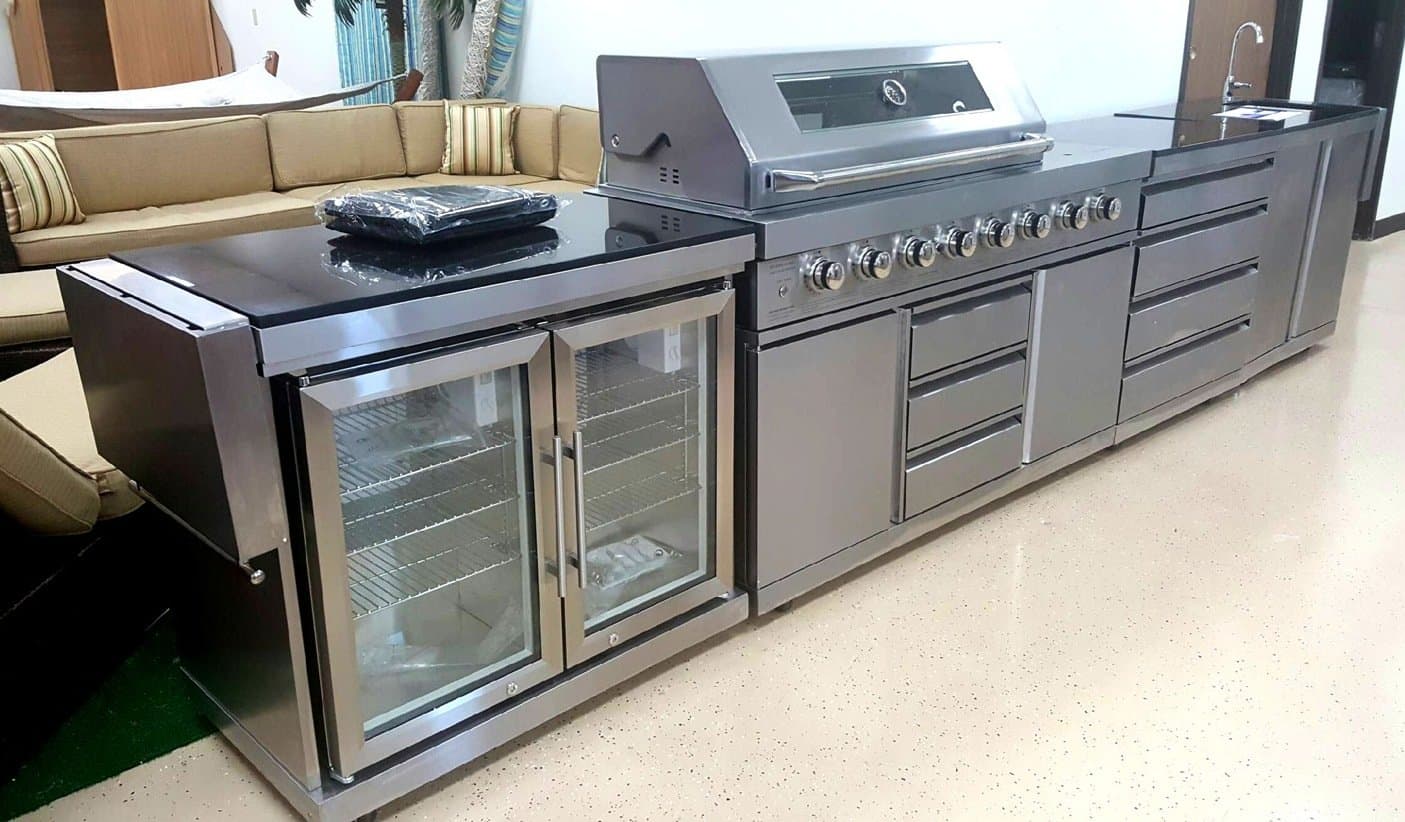 Modular 5 Piece Island Electric and Natural Gas Propane BBQ Outdoor Grill Kitchen, with Wine Refrigerator, Sink, Rotisserie, Black Marble Top and FREE Protective Grill Canvas Cover