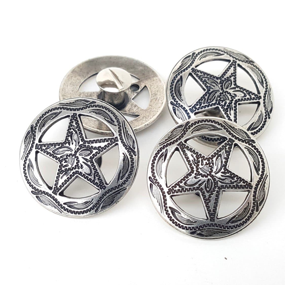 Set Of Four 1 1/4" Antique Silver Engraved Star Concho