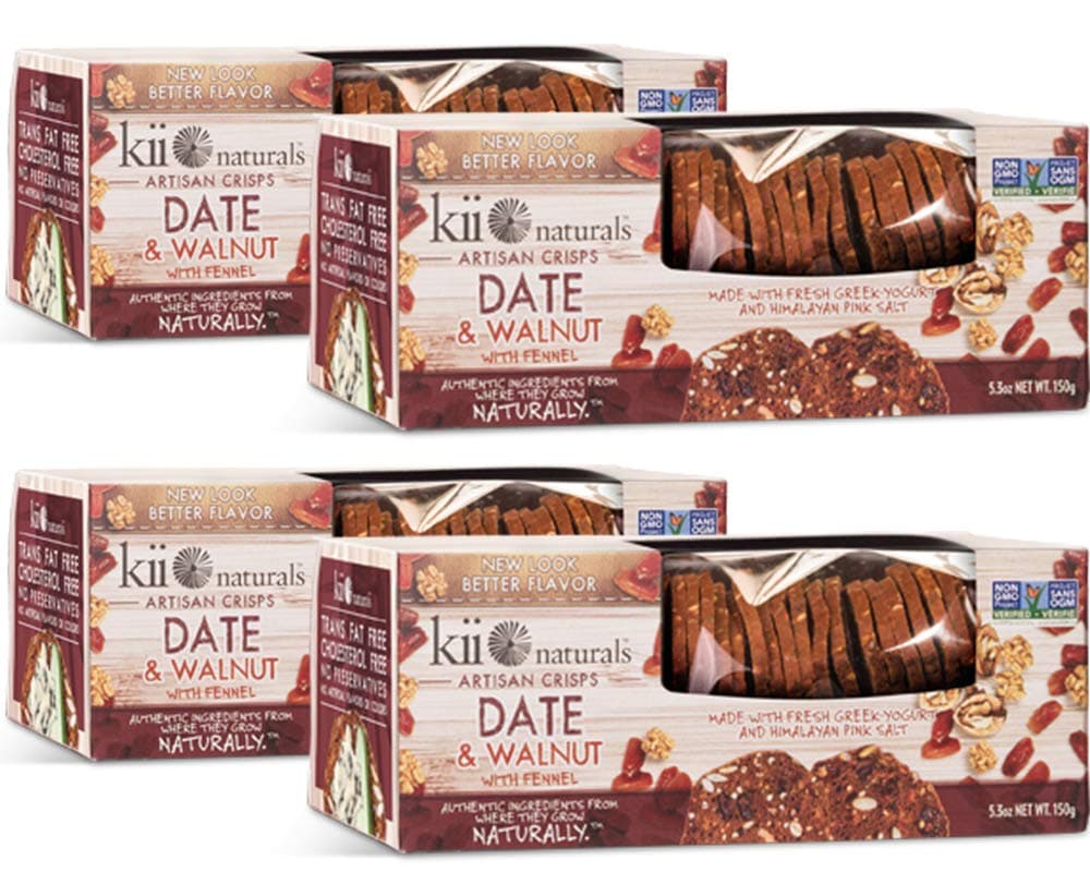 Kii Naturals Artisan Crisps - Date and Walnut • 5.3oz (4 Pack) • {Professionally Packed/Packaged for Shipping} • [Chips|Crackers|Spread|Flatbread|Snack|Cheese|Dips|Tea|Wine|Toast|Bread]