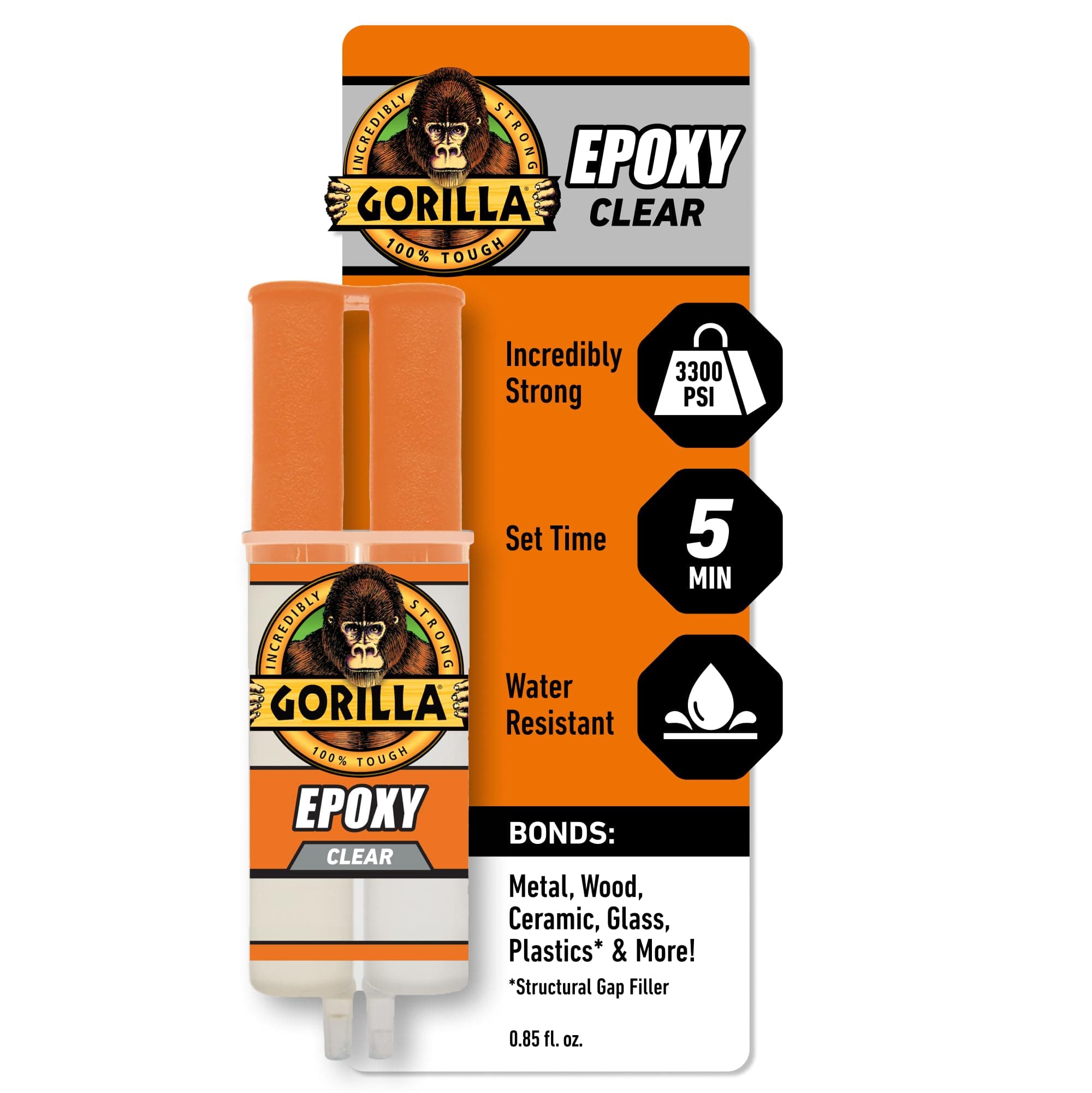 Gorilla 2-Part Epoxy, Sets in 5 Minutes, 0.85-Ounce Syringe, Clear (Pack of 1)