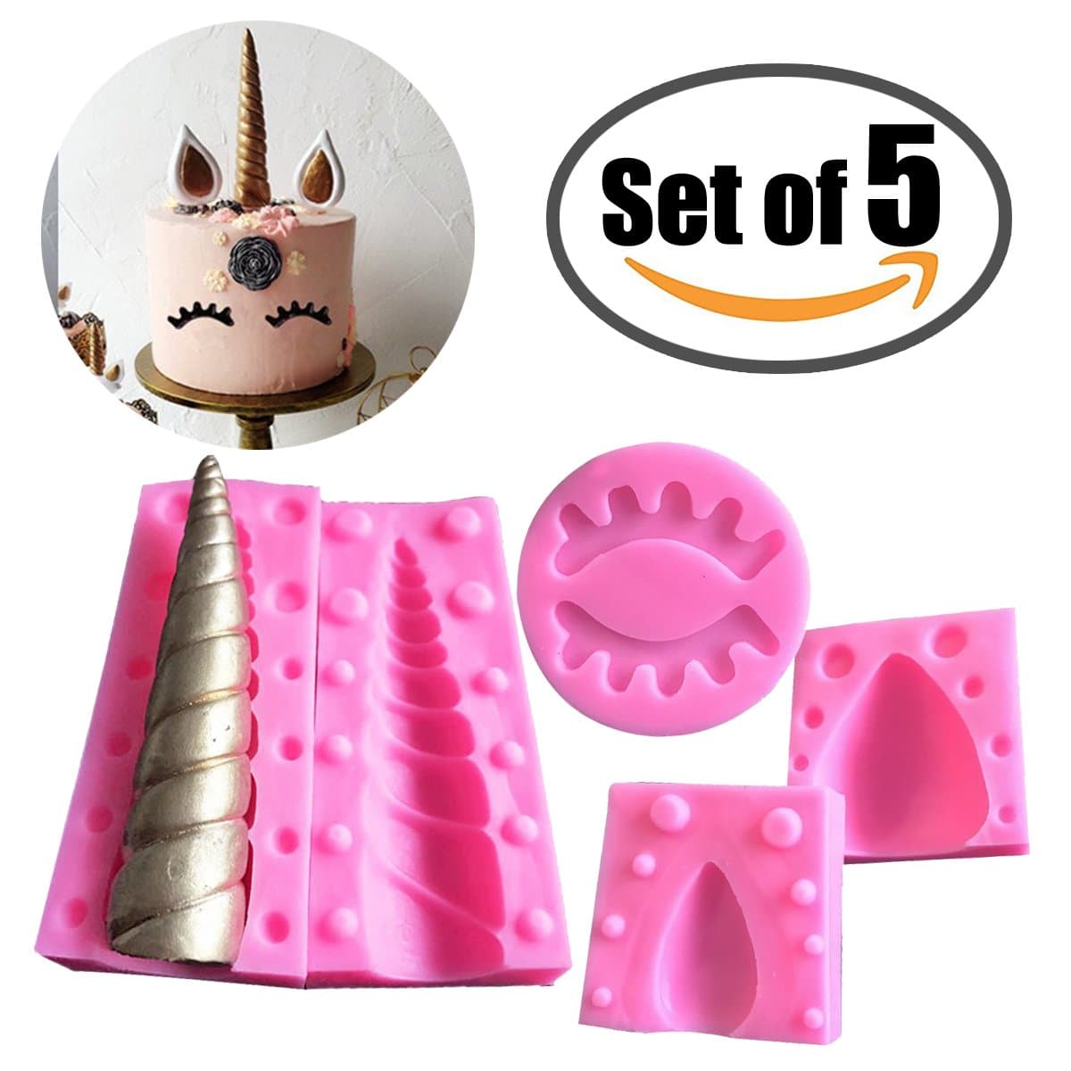 Unicorn Cake Topper Mold Fondant Cake Decoration Silicone Unicorn Horn Ears and Eyelash Moulds for Baby Shower / Wedding / Birthday Party (Pink)