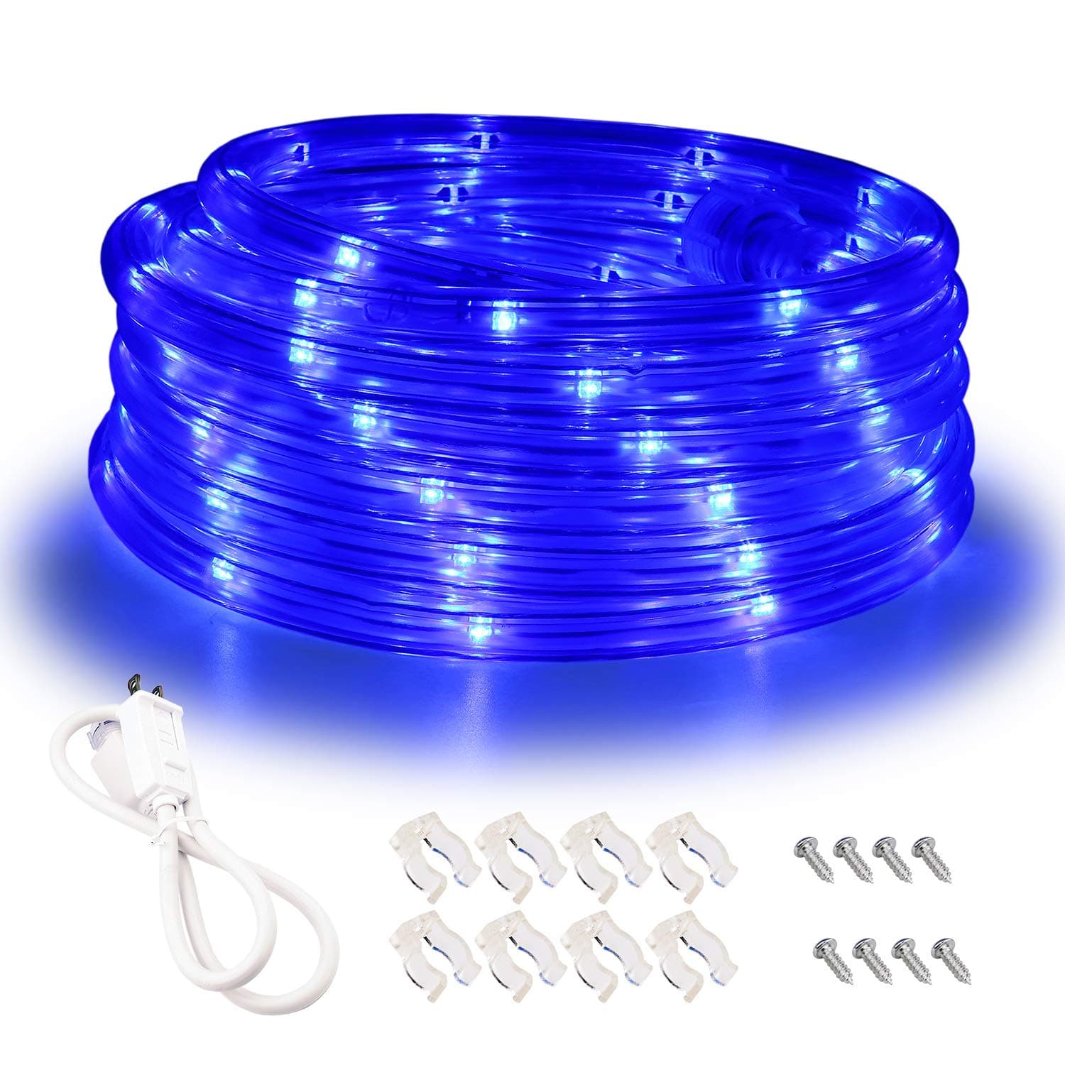Blue LED Lights, 16ft Rope Lights, Connectable and Flexible Blue Strip Lighting, High Brightness 3528 LEDs with Clear PVC Jacket, Waterproof Weatherproof for Indoor Outdoor Use