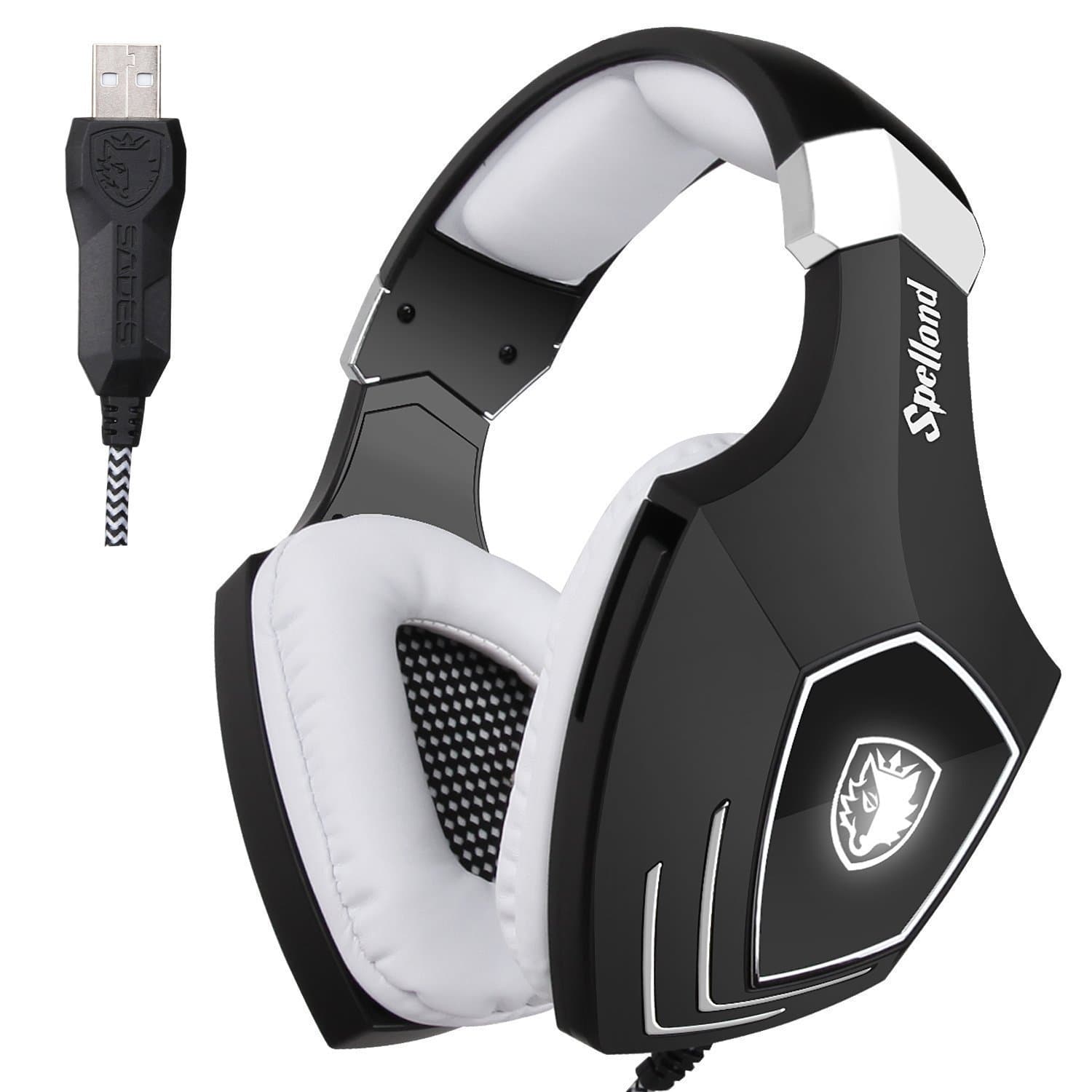SADES A60/OMG Computer USB Gaming Headset Over Ear Stereo Gaming Heaphones With Microphone Noise Isolating Volume Control LED Light For PC & MAC(Black+White)