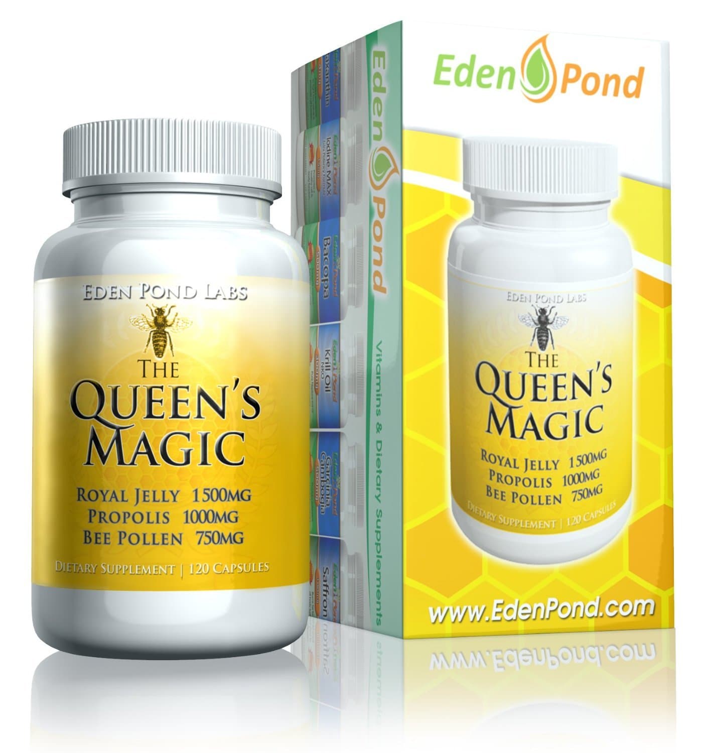 Eden Pond Queen's Magic Bee Pollen (Royal Jelly 1500mg, Propolis 1000mg, Beepollen 750mg) in 3 Daily Capsules, 120 Count