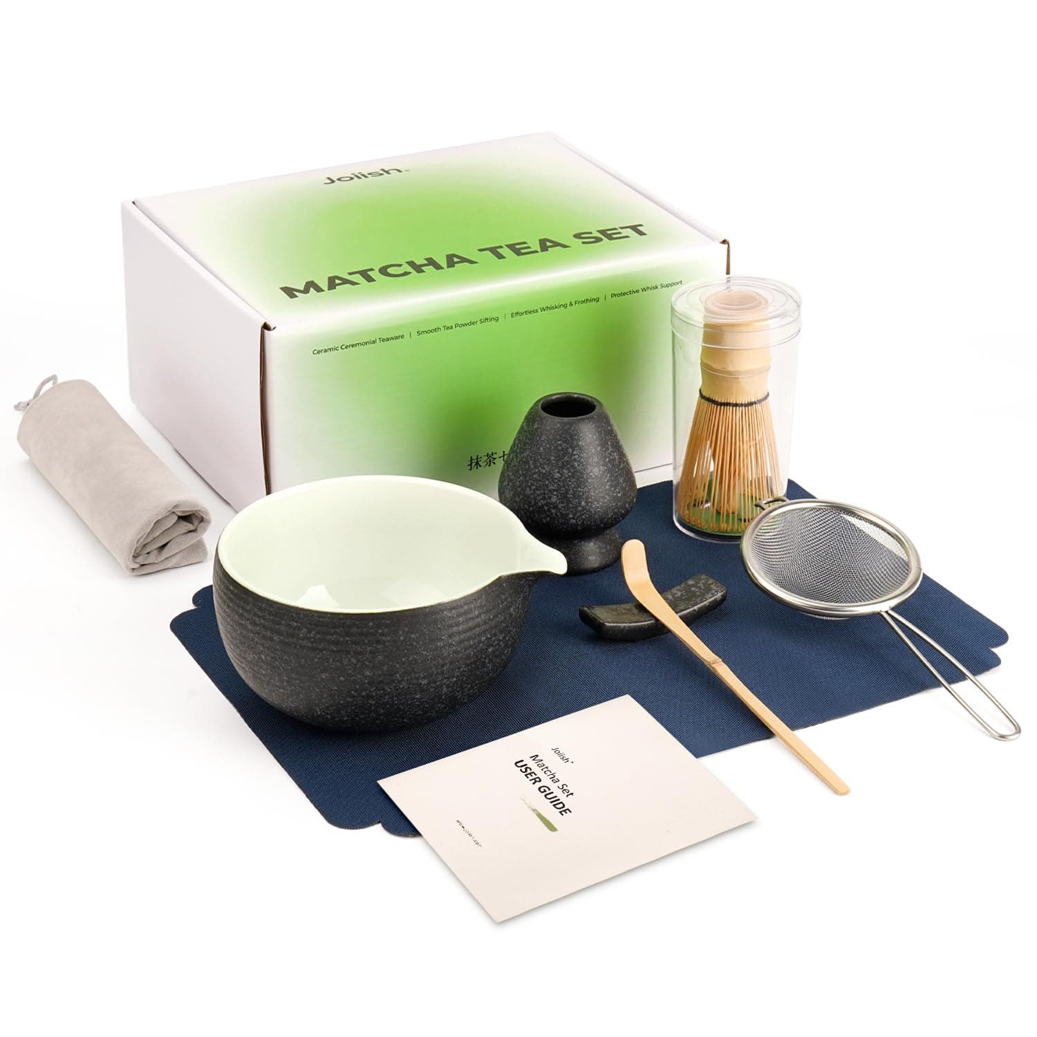 7 Pcs Matcha Kit Set, Matcha Whisk and Bowl with Spout, Powder Sifter, Whisk Holder, Bamboo Scoop and Scoop Rest, Perfect Prepare Tools for Making Macha Tea (Charcoal Grey)