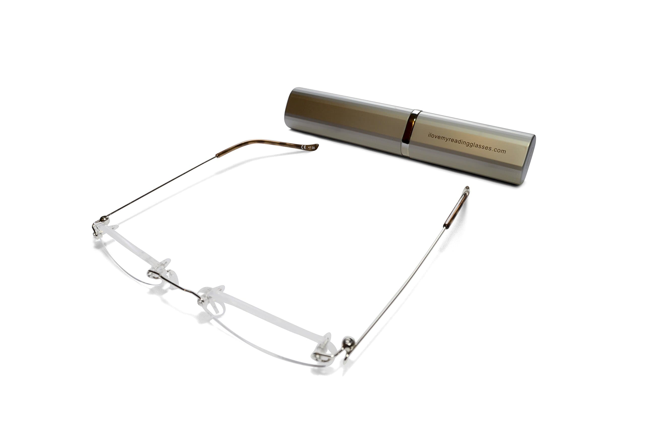 Rimless Reading Glasses for Men and Women +2.0 Silver Ultra Slim and Ultra Light Includes Aluminium Matching Case by ilovemyreadingglasses