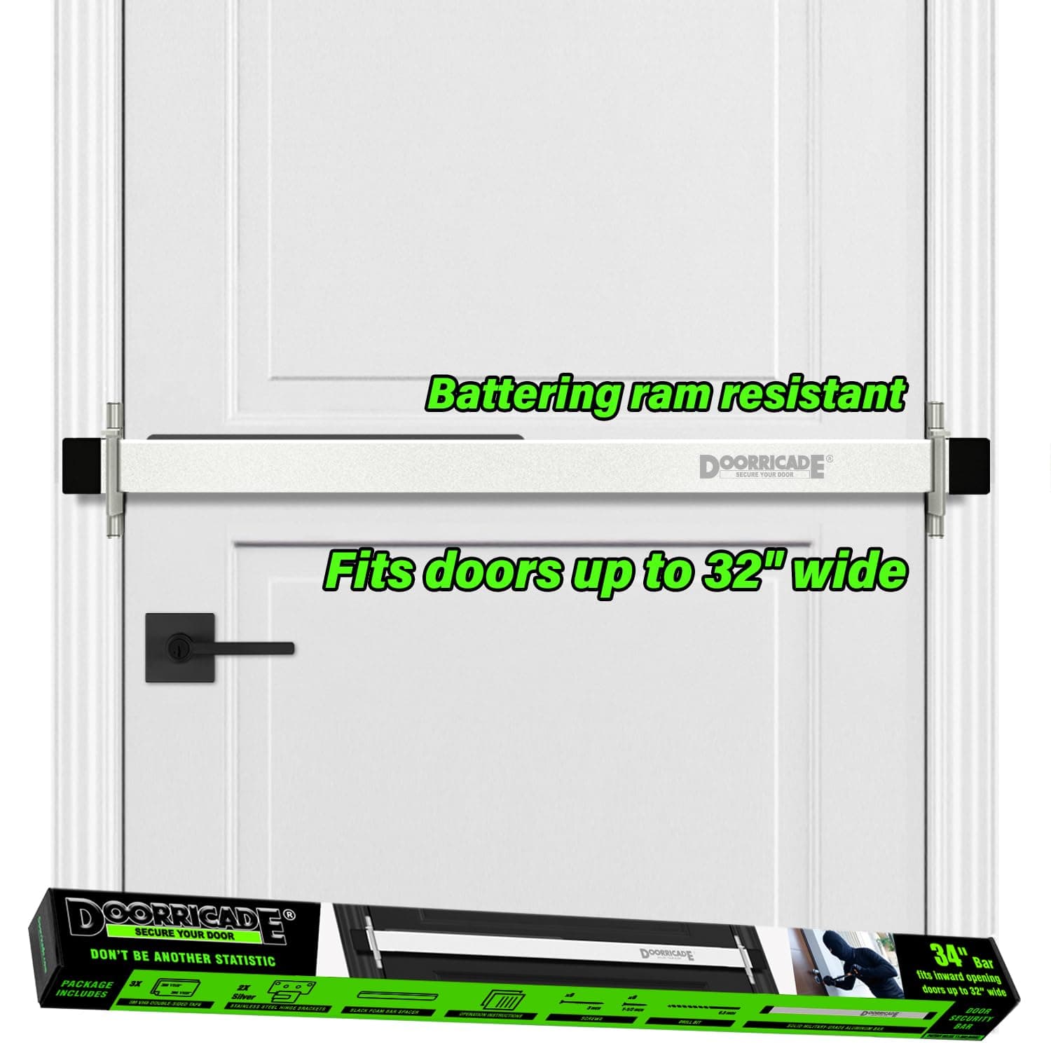 Door Security Bar-by Doorricade-Secure The Entire Width of Your Inward Opening Front Door or Safe Room. fits Doors up to 32" Wide.