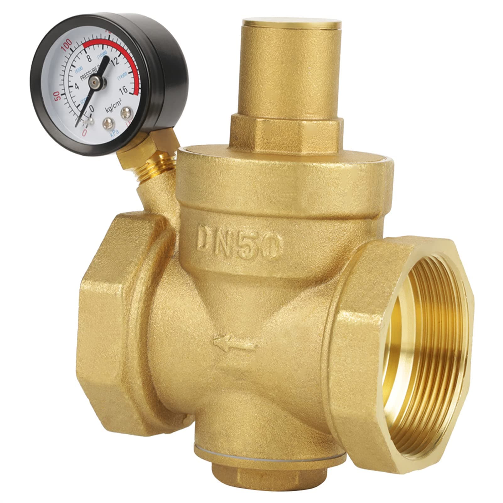 Brass Pressure Regulator, BSP DN50 Brass Water Pressure Regulator Water Pressure Reducing Valve with Adjustable Gauge Flow, Air Source, Relief Valves