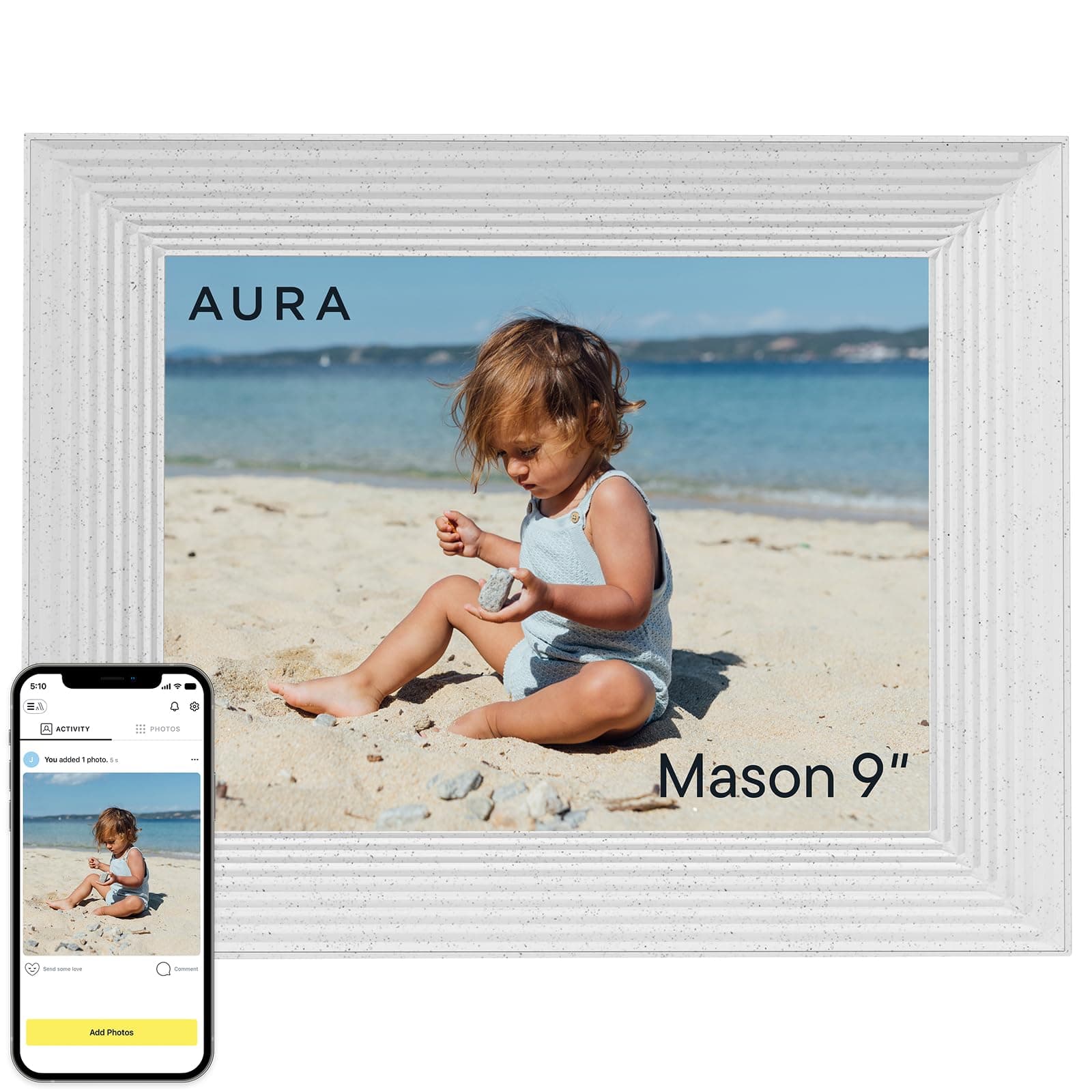Aura Mason HD Smart Digital Picture Frame, 9 Inch WiFi Cloud Digital Photo Frame, Free Unlimited Storage, Send Photos from Anywhere, White Quartz