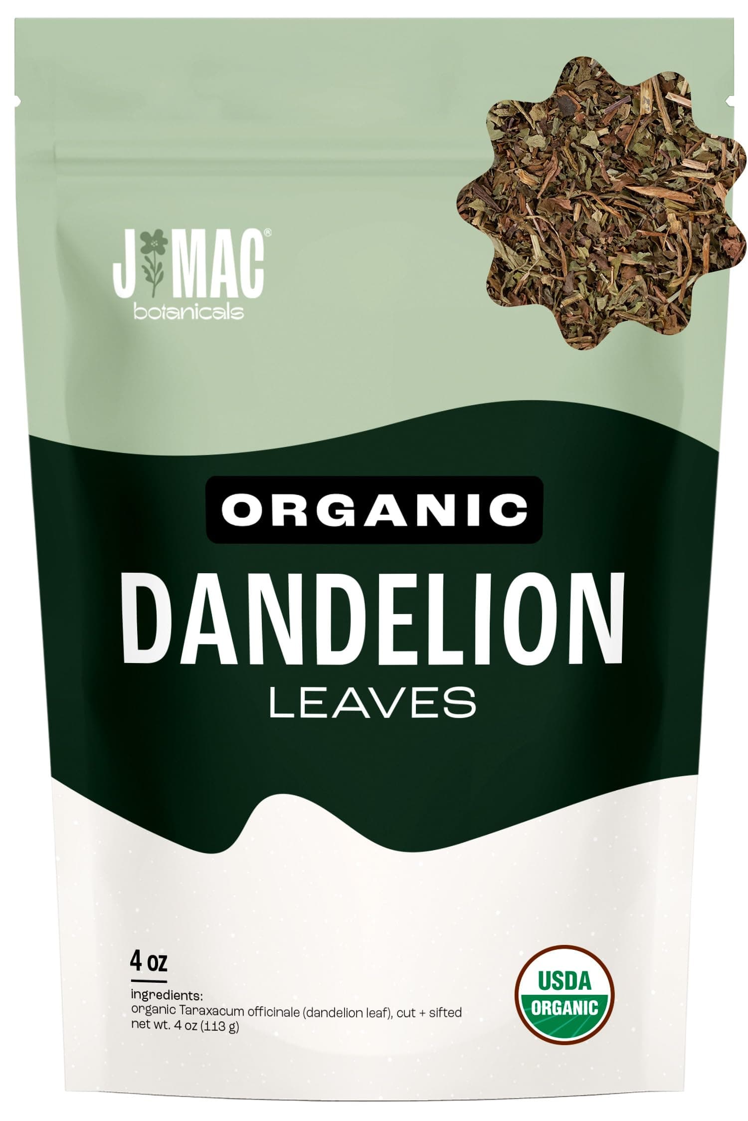 J Mac Botanicals, Organic Dandelion Leaves (4 oz bag) USDA Certified Organic Dandelion leaf tea, te diente de leon organico, Packaged in the USA, Cut and Sifted, No Caffeine