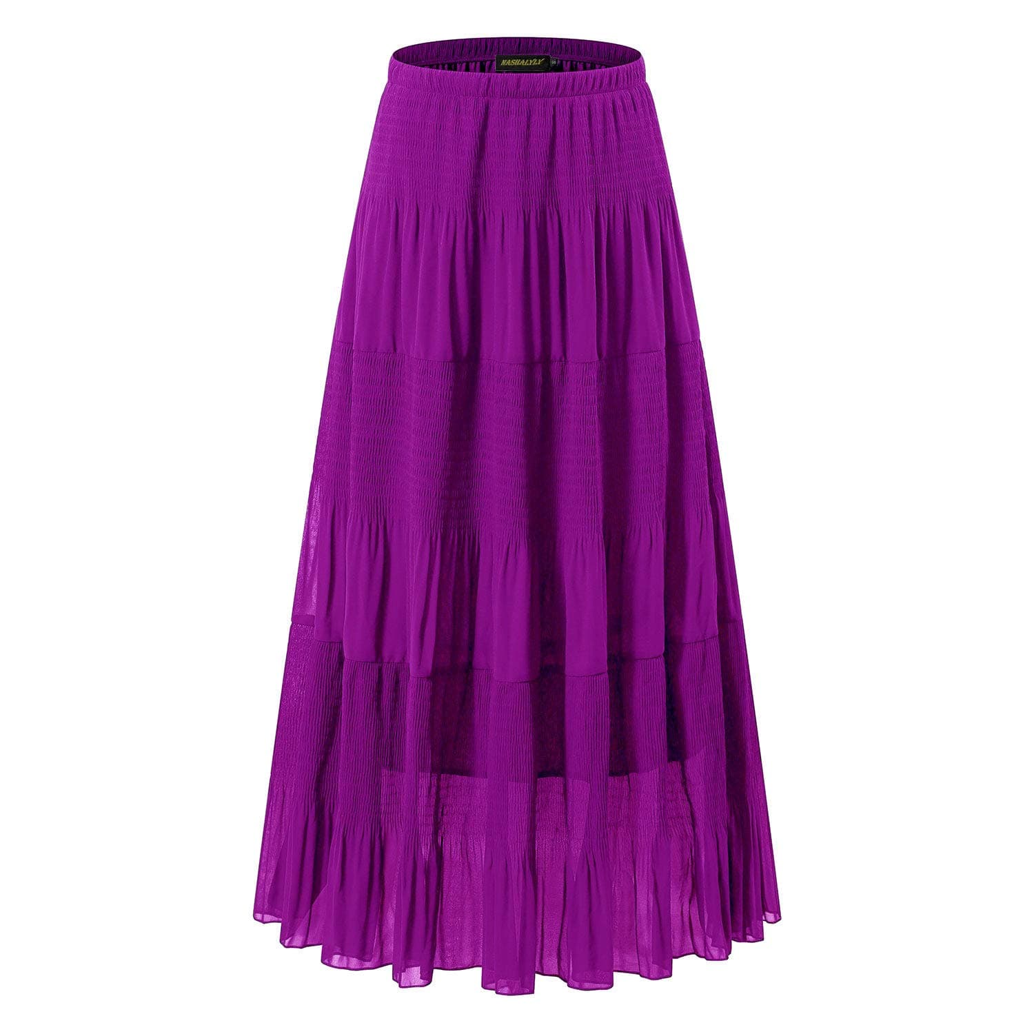 NASHALYLY Women's Chiffon Elastic High Waist Pleated A-Line Flared Maxi Skirts (4XL, Purple)
