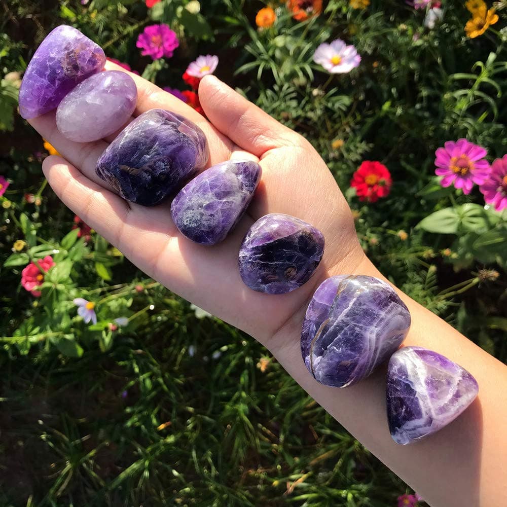 Zenkeeper 7 Pcs Large Amethyst Crystal- Amethyst Healing Stone - Amethyst Palm Stone - Worry Stone - Bulk Tumbled Stones for Reiki,Chakra Healing, Meditation