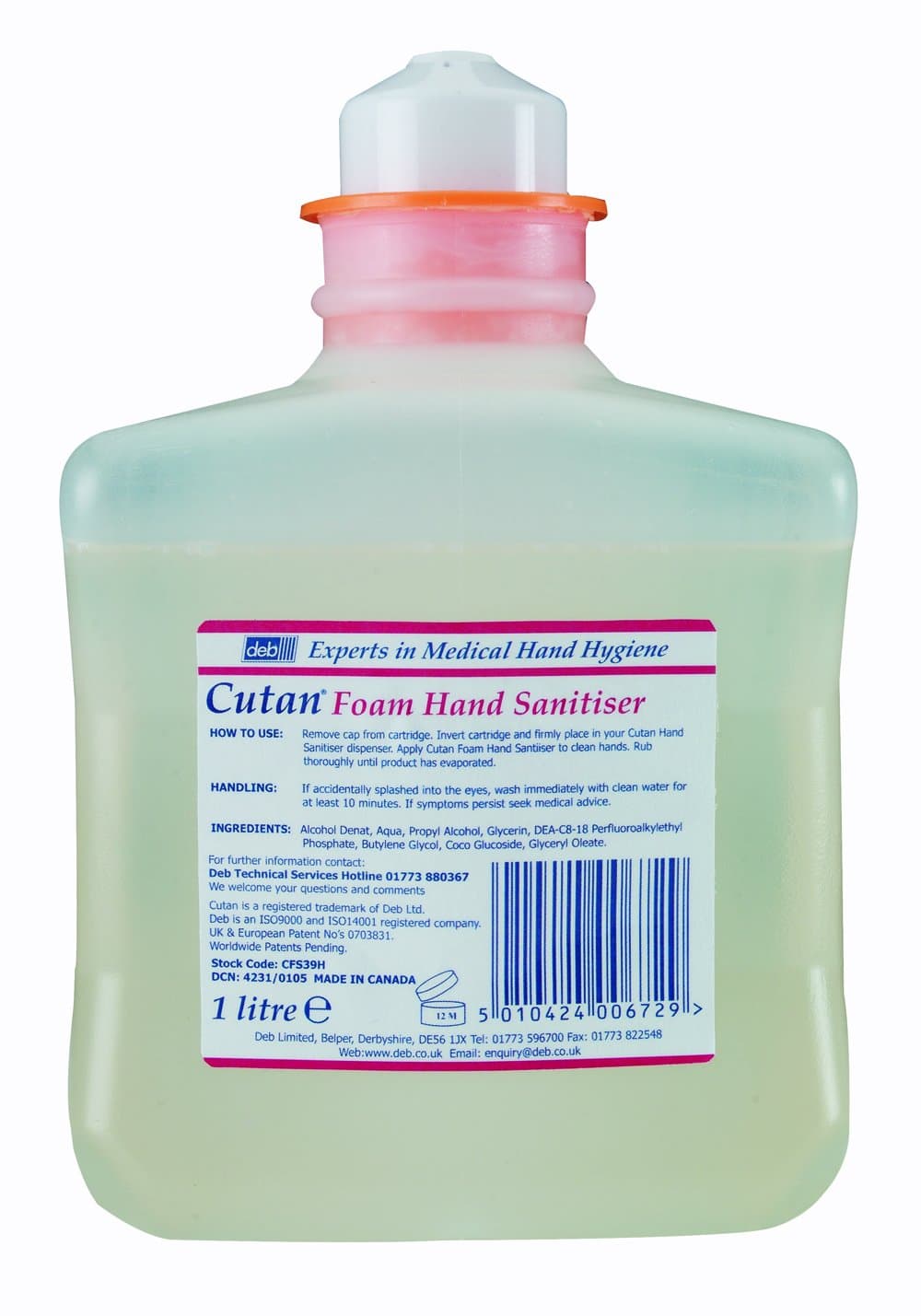 Cutan DUCFS39H Foam Hand Sanitiser Cartridge Refill, 1 L, Clear (Pack of 6)