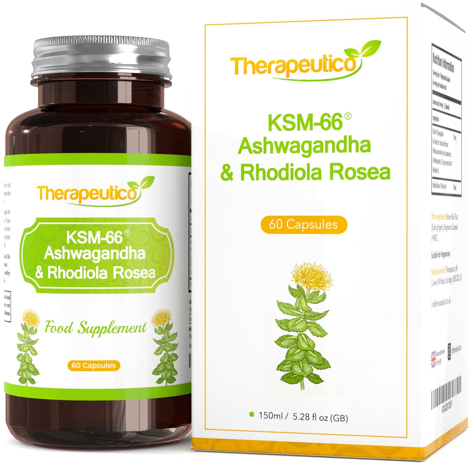 KSM66® Ashwagandha & Rhodiola Rosea Blend | Adaptogen Complex | No Preservatives | 60 Veg Caps | Adaptogen | Made in UK | Vegan | Ayurvedic