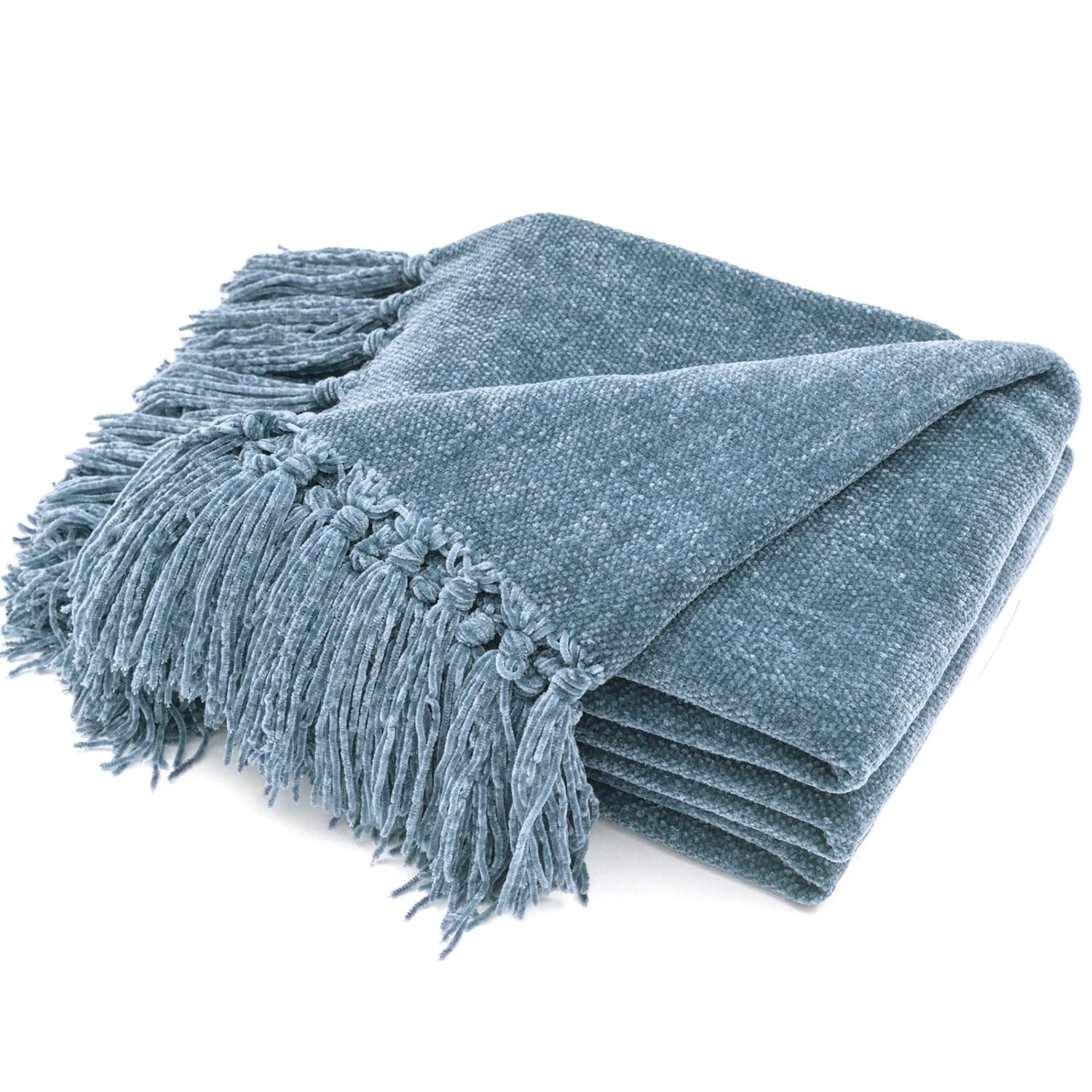 RECYCOThrow Blanket Soft Cozy Chenille Throw Blanket with Fringe Tassel for Couch Sofa Chair Bed Living Room (Smoke Blue, 60'' x 80'')