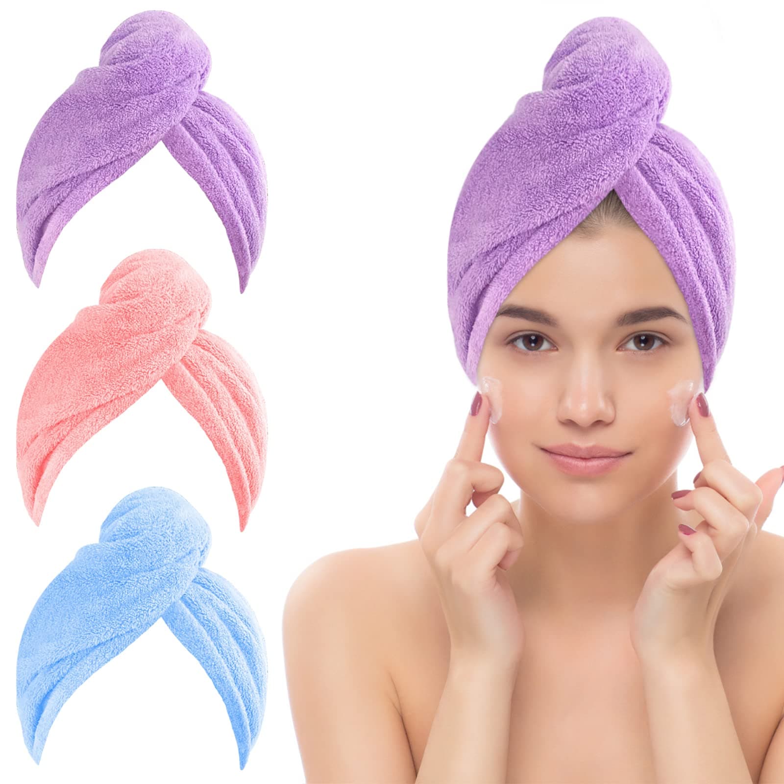 3 Pack Hair Towel Wrap, Microfibre Wrap Hair Towel with Button Super Quick Absorbent Anti-Frizz Fast Dry Hair Caps Twist Turban for Girls and Women and Best for Long, Wet, Thick Hair