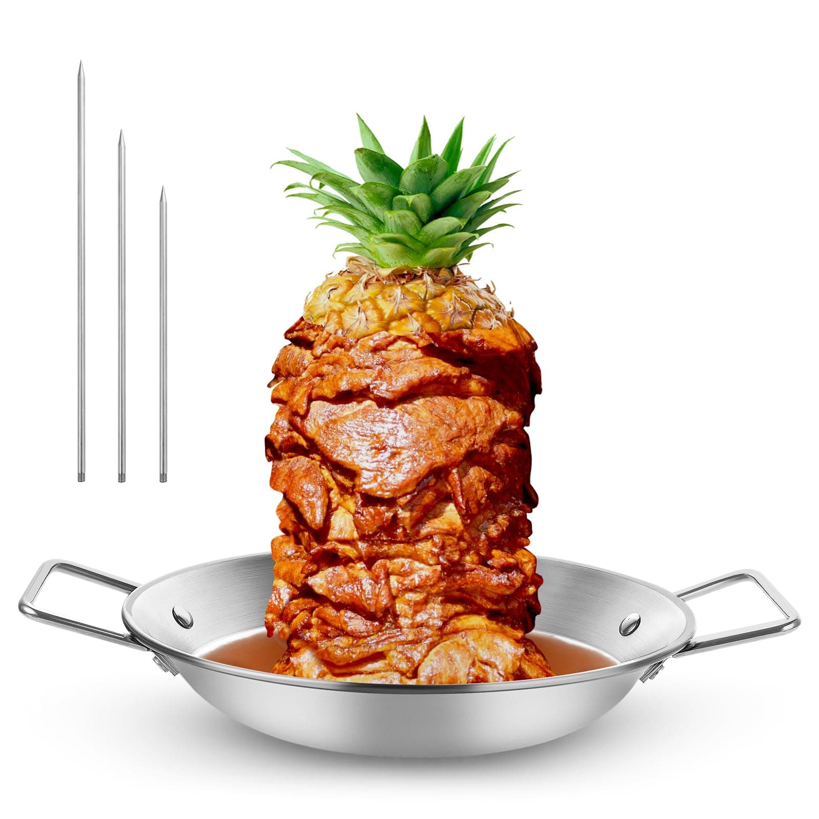 Pastor Skewer for Grill, Thickened Stainless Steel Vertical Skewer Stand for Tacos Al Pastor, Shawarma, Kebabs with 3 Removable Barbecue Skewers (8", 10" & 12") Fit for Smoker, Grill, Oven
