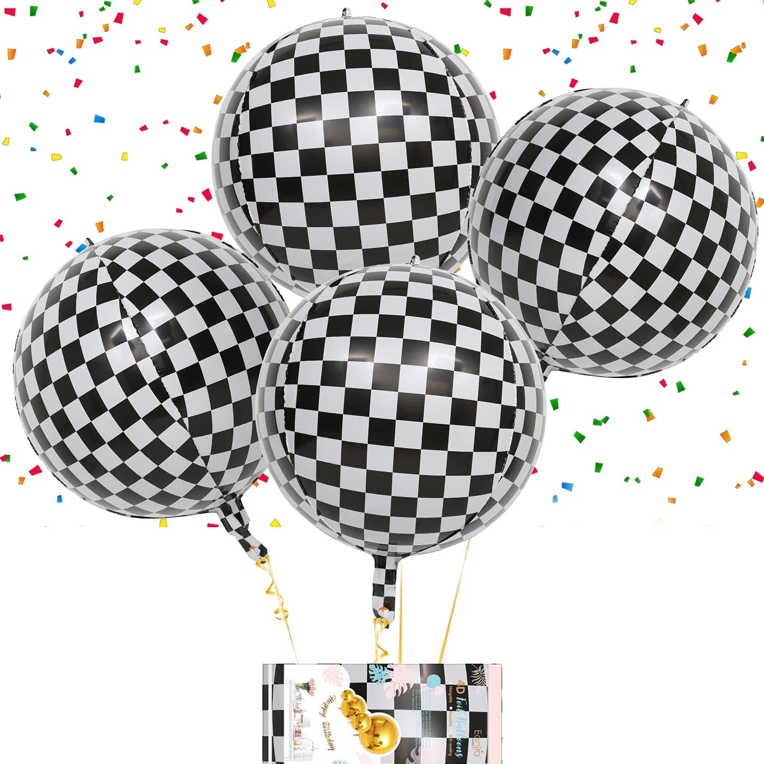 Eanjia Black White Plaid Disco Balloon Hangable 6 count 16"Large Sphere 4D Aluminum Foil Grid Orb Balloon Graduation Balloons Disco Theme Party Decorations Birthday Party Wedding Bridal Shower Decor