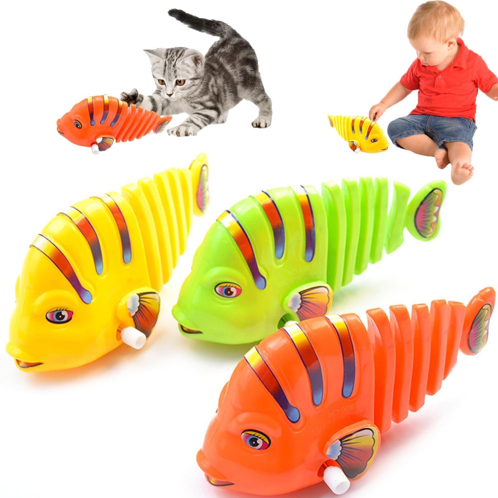 3PCS Clockwork Swinging Cartoon Fish Toy, 360° Rotating Wind-Up Wiggle Plastic Toy, Creative Children's Toy (Random Color)