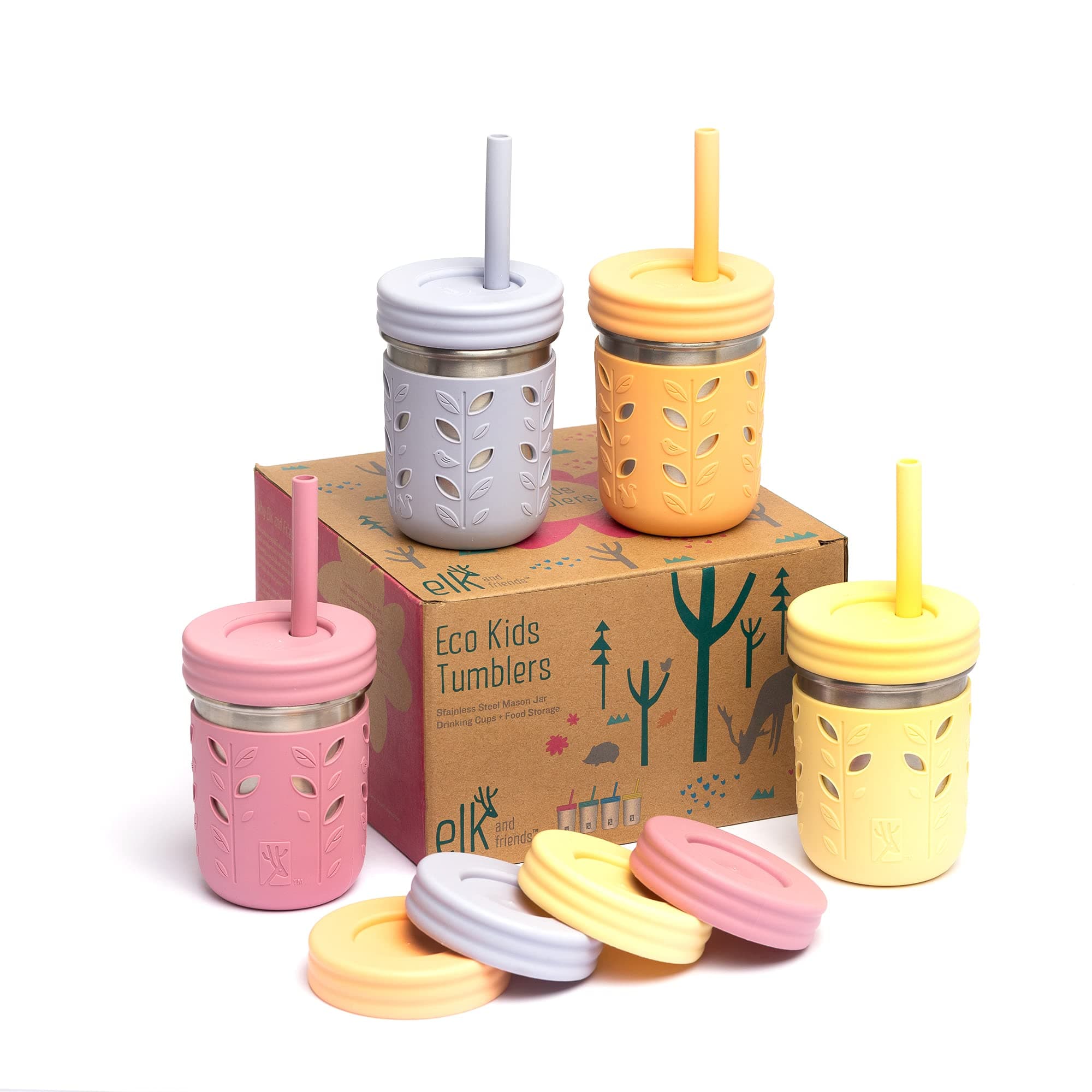Elk and Friends 10oz Stainless Steel Kids + Toddler Drinking Cups | The Original Mason Jar with Sleeves + Lids | Silicone Straws | Smoothies | Storage Jar | Spill Resistant | Dishwasher Safe | 4 Pack