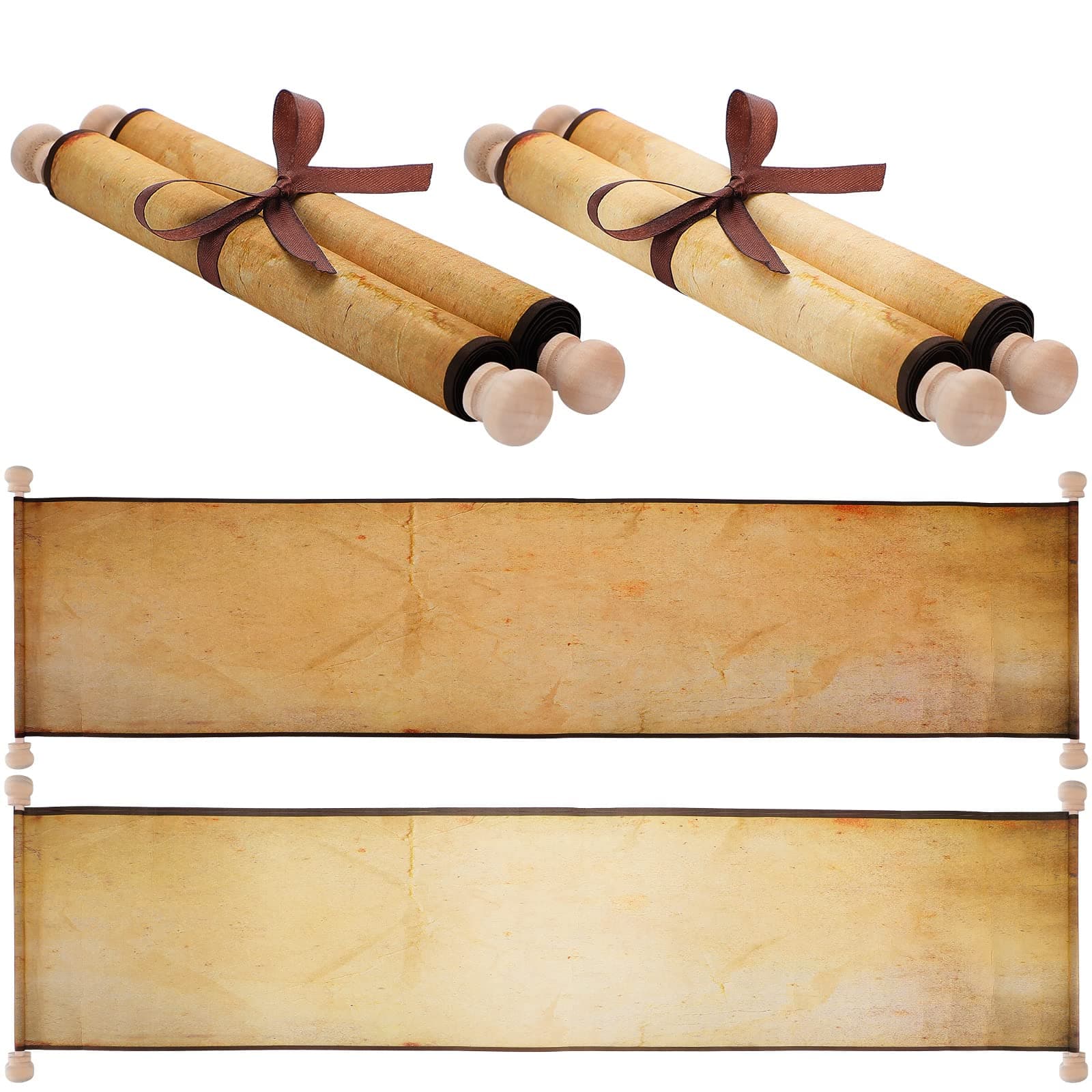 2 Pack Vintage Blank Paper Scrolls Wrapped on Wood Rod - Long Aged Scroll for Writing, Drawing, Calligraphy - 7.3 x 30-32 Inches