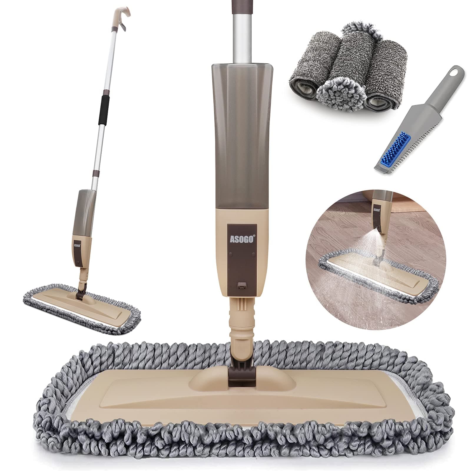 Spray Mop for Floor Cleaning, Floor Mop with a Refillable Spray Bottle and 2 Washable Pads, Flat Mop for Home Kitchen Hardwood Laminate Wood Ceramic Tiles Floor Cleaning (Brown)