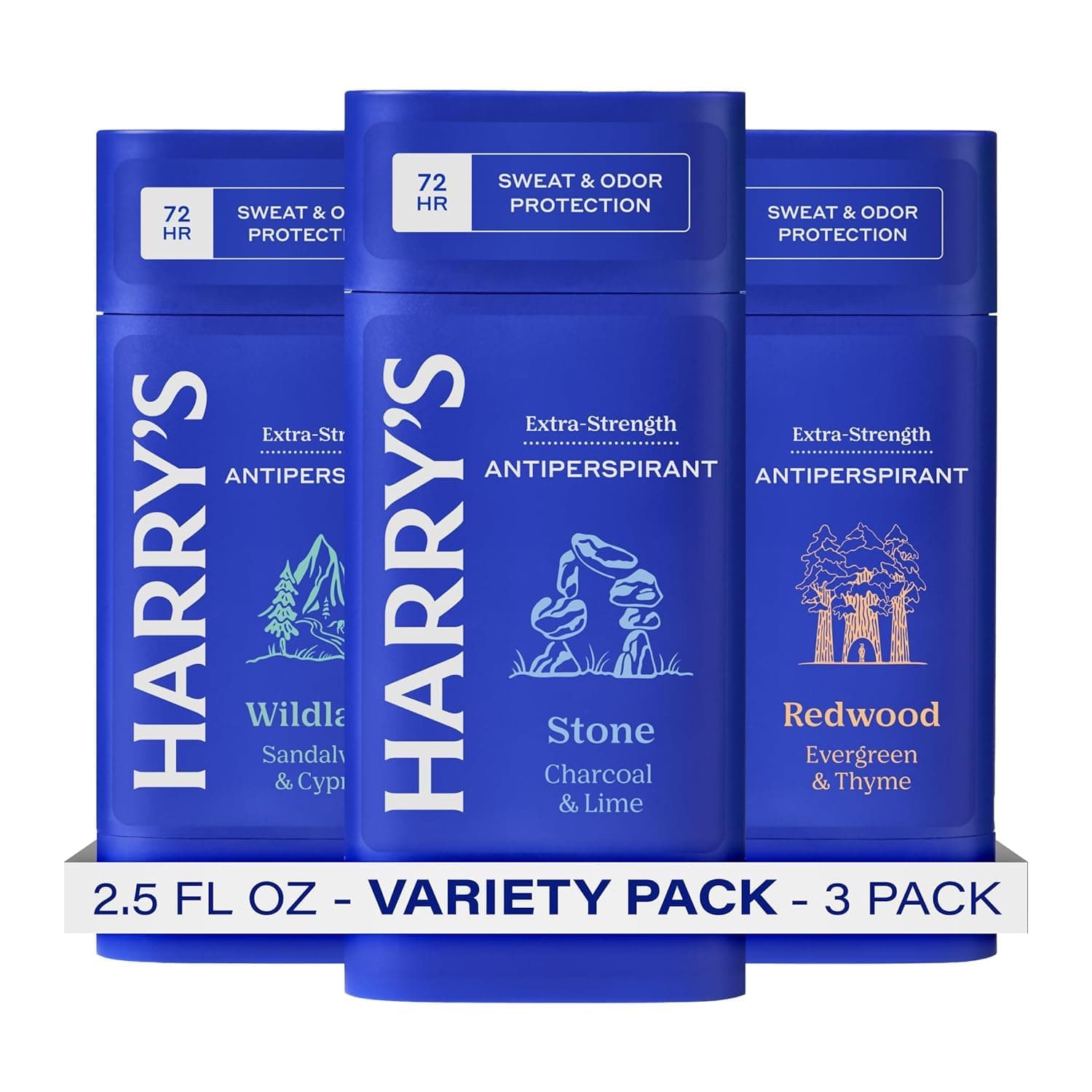 Harry's Extra-Strength Antiperspirant Deodorant, Sweat & Odor Control Antiperspirant for Men, Variety Pack - Stone, Redwood, Wildlands, 2.5 oz Pack of 3