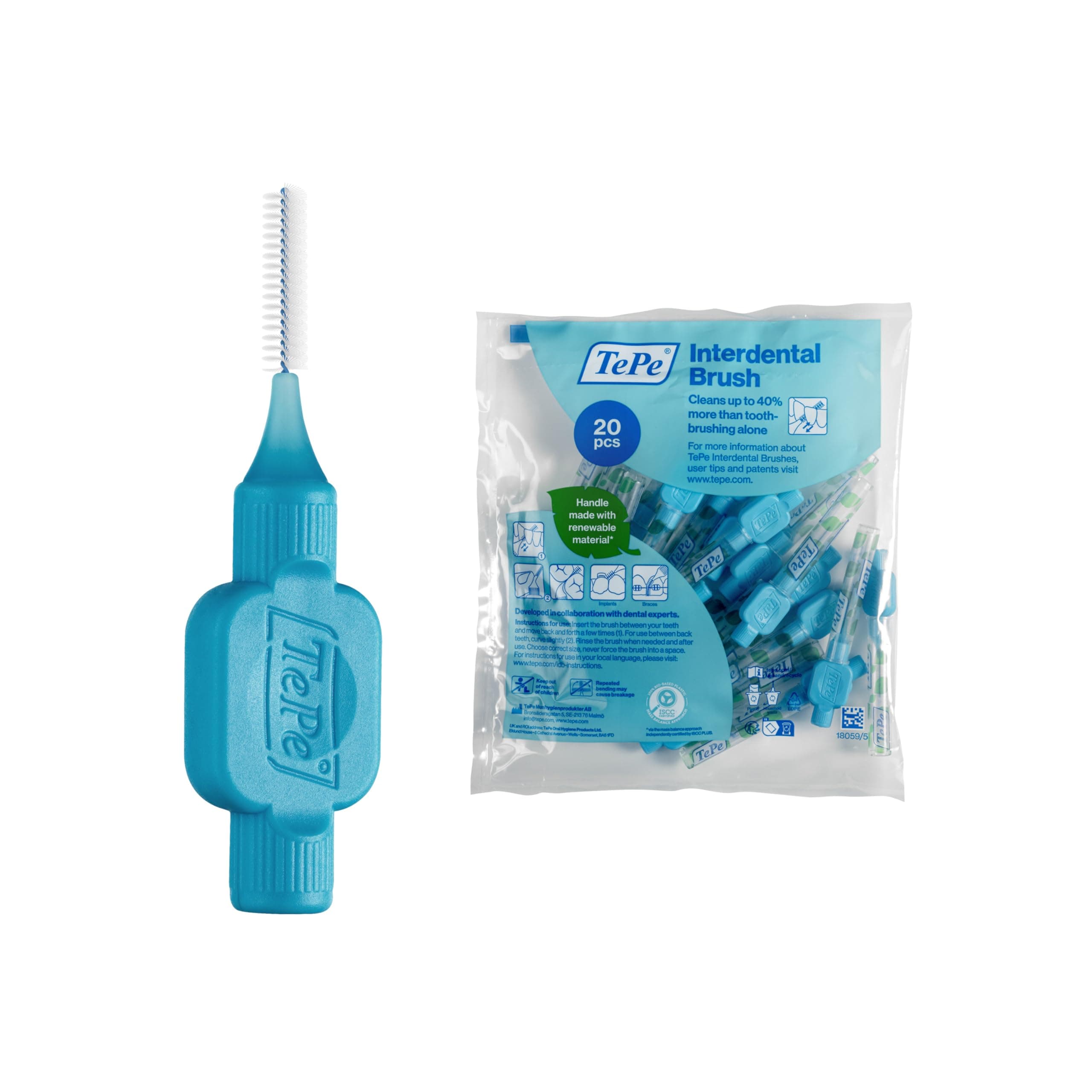 TePe Original Interdental Brush, 0.02 inches (0.6 mm), Blue, 20 Pieces with Cap