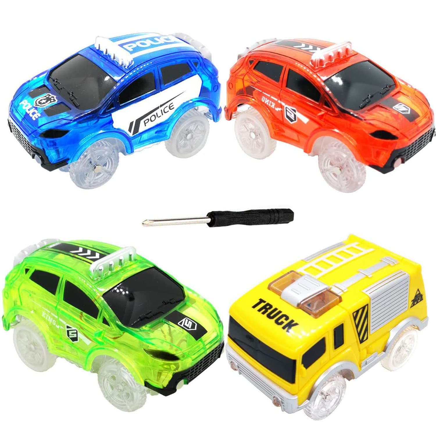 Track Cars Compatible with Magic Tracks and Neo Tracks Light Up Racing Track Accessories with 3 Flashing LED Lights Glow in The Dark Best Toys for Boys and Girls (4 Pack)