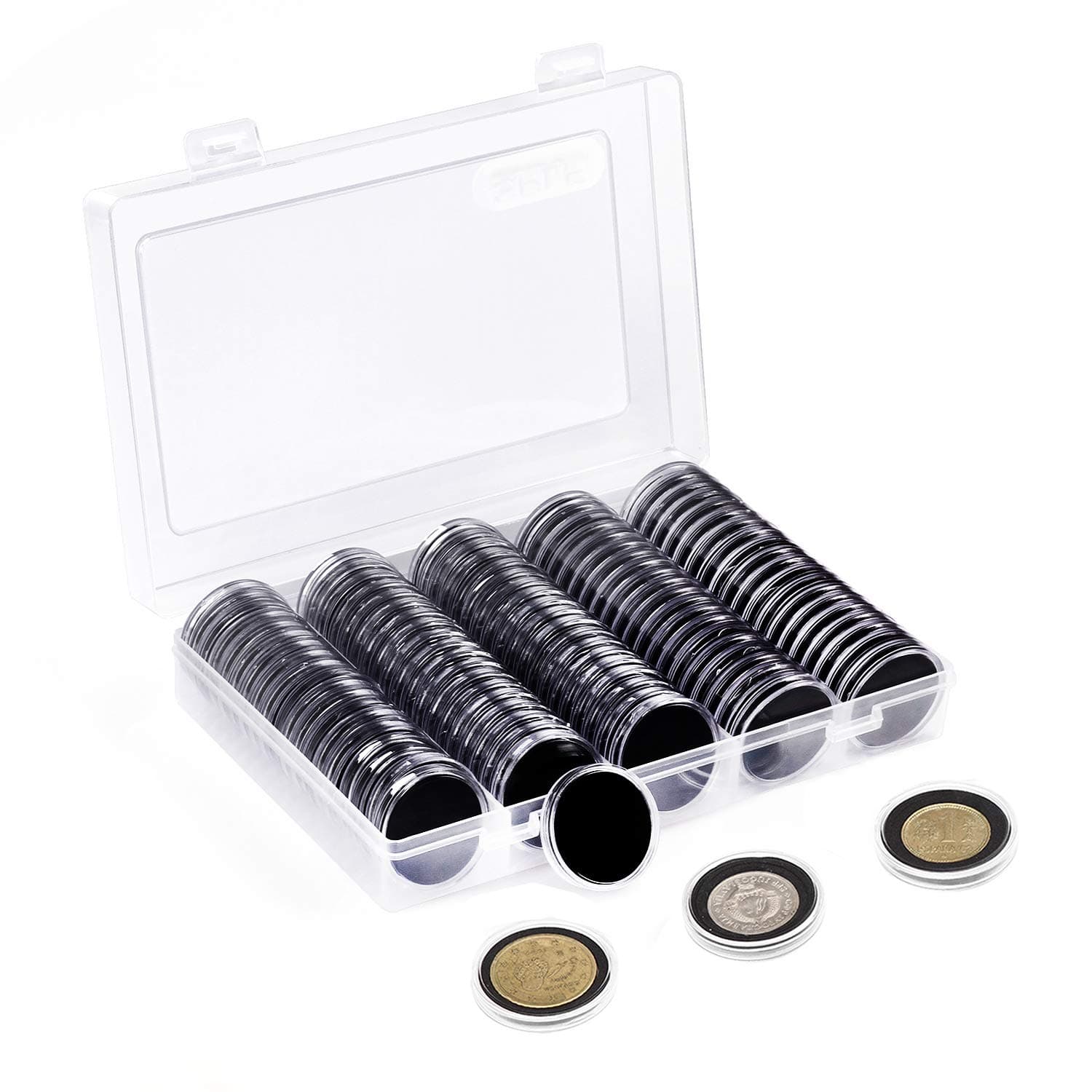 100 Pieces 30mm Coin Capsules and 5 Sizes (17/20/25/27/30mm) Protect Gasket Coin Holder Case with Plastic Storage Organizer Box for Coin Collection Supplies
