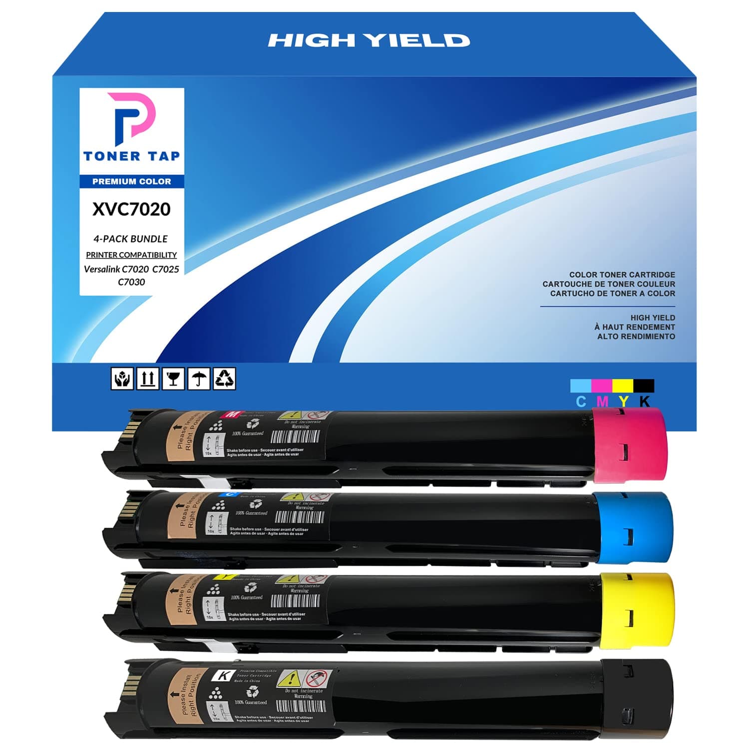 Toner Tap HIGH Yield for Versalink C7020 C7025 C7030 (4-Pack Bundle) 106R03741 106R03744 106R03743 106R03742 Remanufactured Color Cartridges