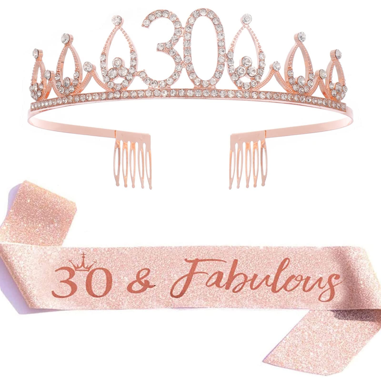 MUYEE 30 and Fabulous Sash & Rhinestone Tiara Set,30th Birthday Gifts,Rose Gold Birthday Sash/Tiara for Women's 30th Birthday Party Decoration